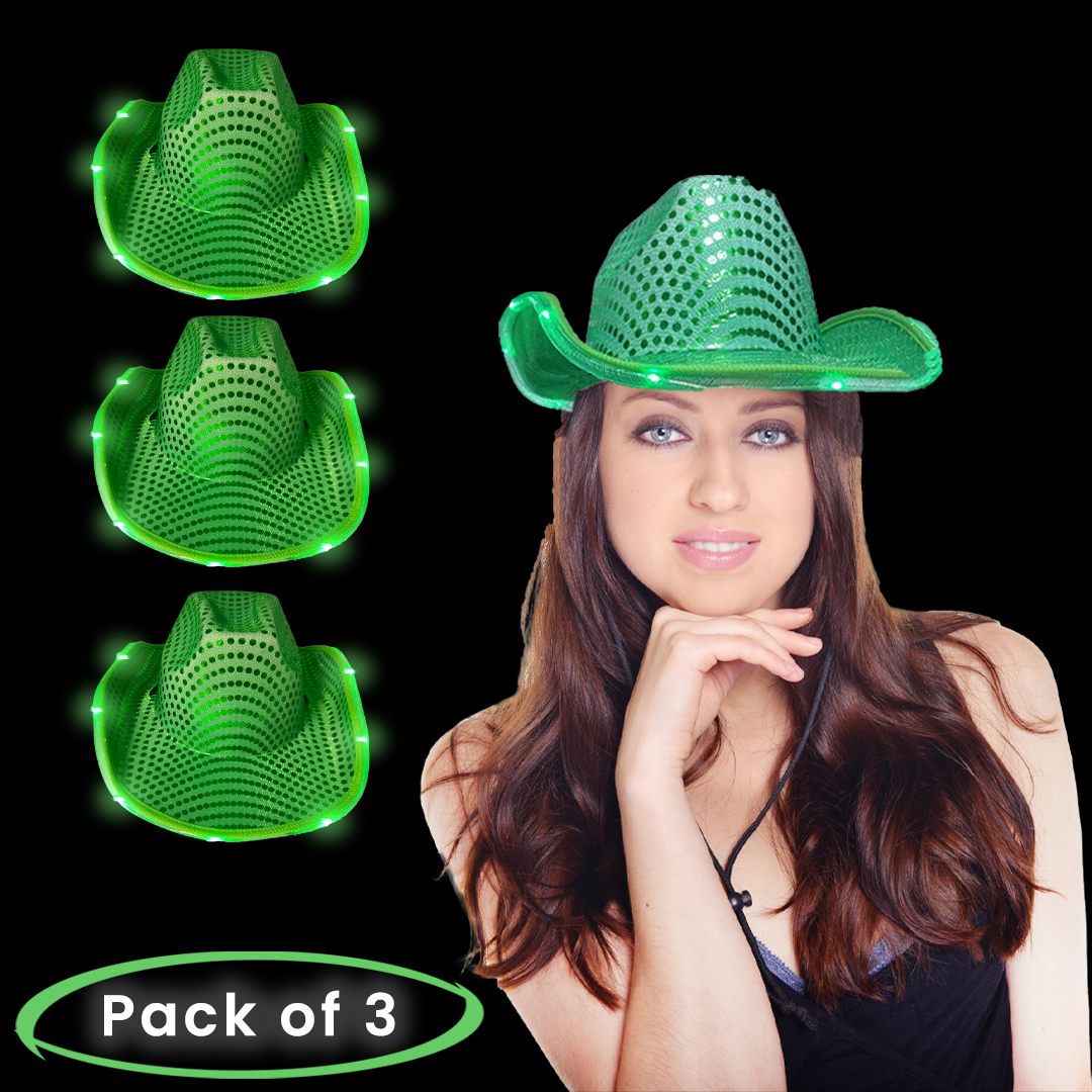 LED Light Up Flashing Sequin Green Cowboy Hat - Pack of 3 Hats