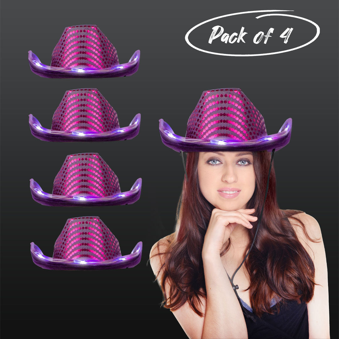 LED Light Up Flashing Sequin Purple Cowboy Hat - Pack of 4 Hats