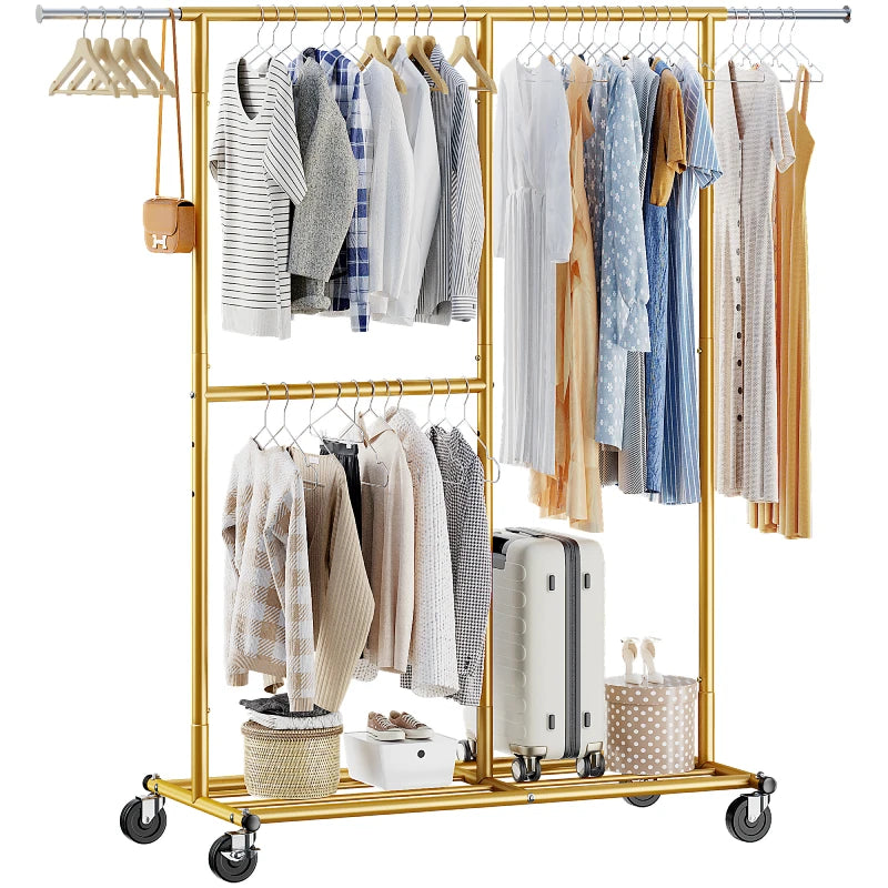 Raybee Rolling Clothes Rack, Heavy Duty with 410 lbs Capacity, Portable Double Rod Garment Rack for Hanging Clothes