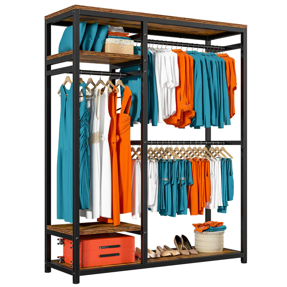 Raybee Freestanding Closet Organizer, Heavy Duty Clothes Rack, Metal & Wood Garment Rack with Hanging Rod