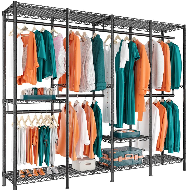 Raybee 76"W Heavy Duty Clothes Rack, 990lbs Portable Freestanding Closet Organizer,  5-tier Adjustable Wire Garment Rack to Customize Your Closet Systems,Black