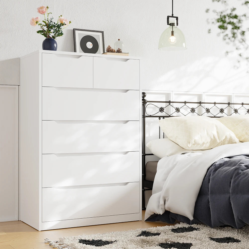 Enhomee White Dresser with 6 Drawers, Tall Dresser for Bedroom and Cloest, Chests of Drawers, Wood