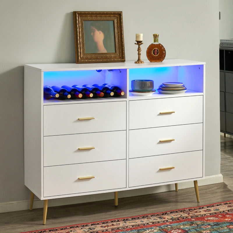 EnHomee White Dresser 6 Drawer, Dresser for Bedroom with Led Lights, Wood