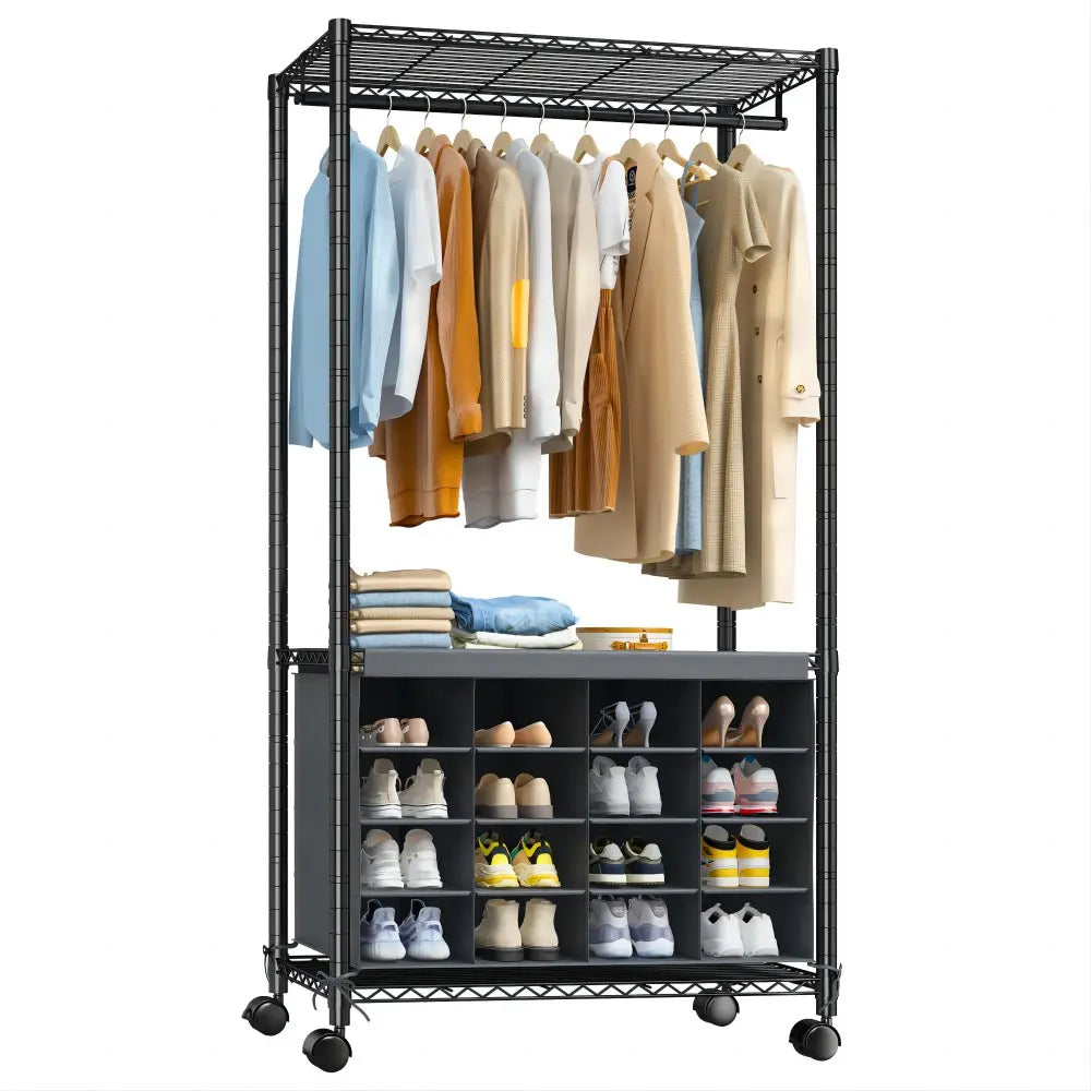 Raybee 3 in 1 Clothes Rack with 16 Shoe Organizer,  Heavy Duty Clothing Racks  with Wheels Rolling,Clothing Rack with Shoe Rack