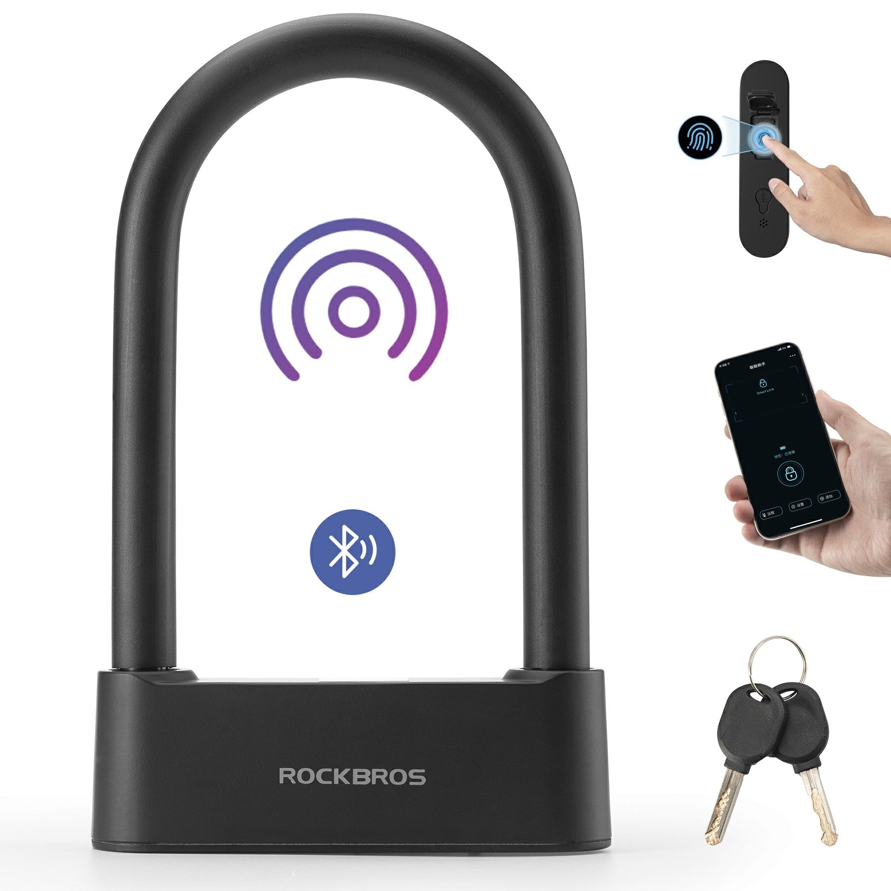 ROCKBROS Smart Bike U Lock with Fingerprint and App Control Waterproof