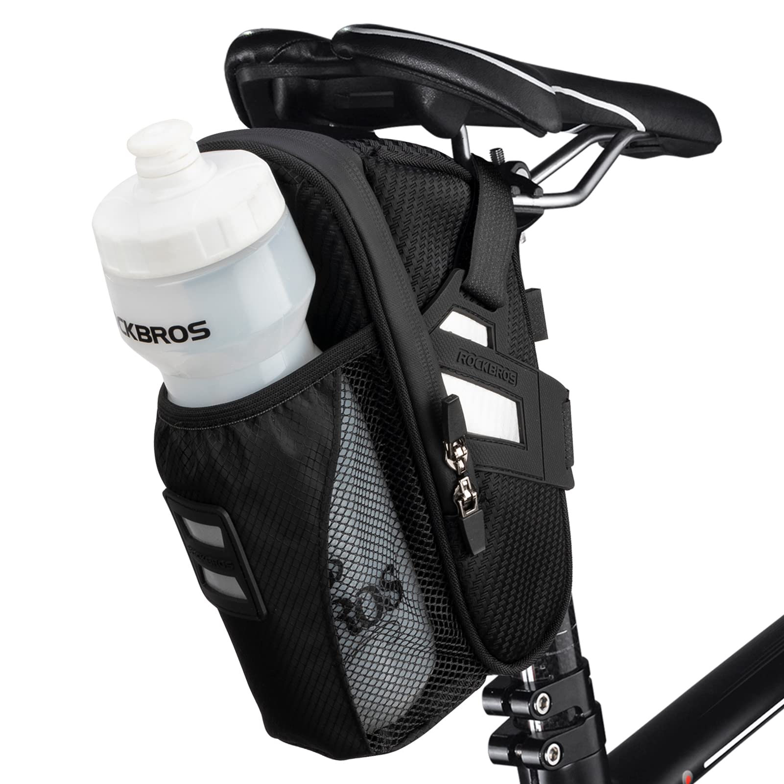 ROCKBROS Waterproof Bike Saddle Bag with Water Bottle Pouch, Under Seat Storage for Mountain and Road Bikes