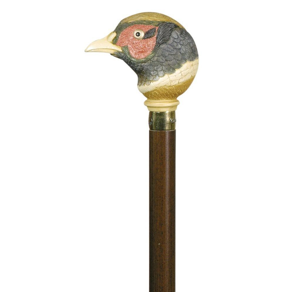 Walking Cane with Pheasant Hand Painted on Hardwood Shaft and Gilt Collar