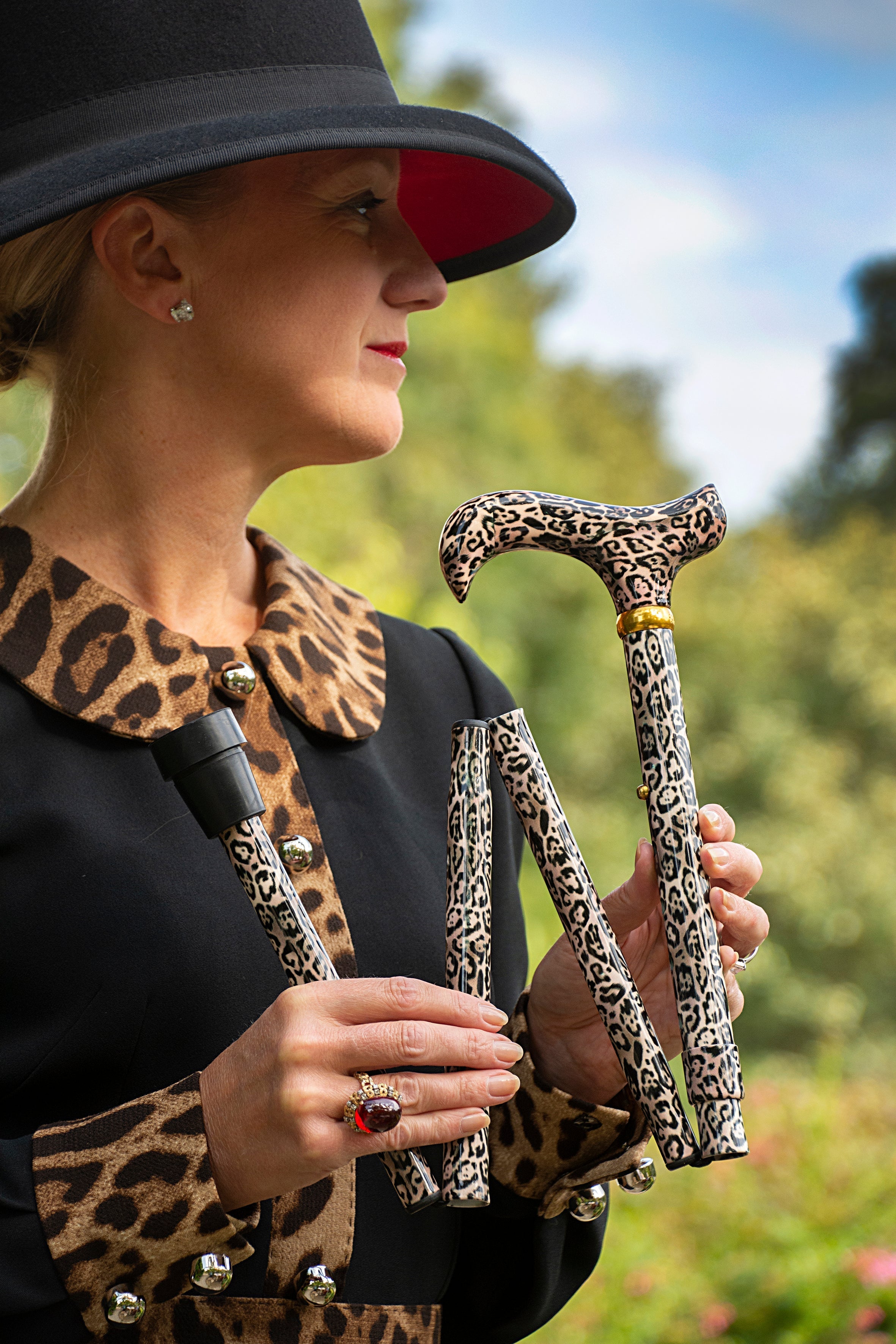 Leopard Design Folding Adjustable Cane with Derby Handle