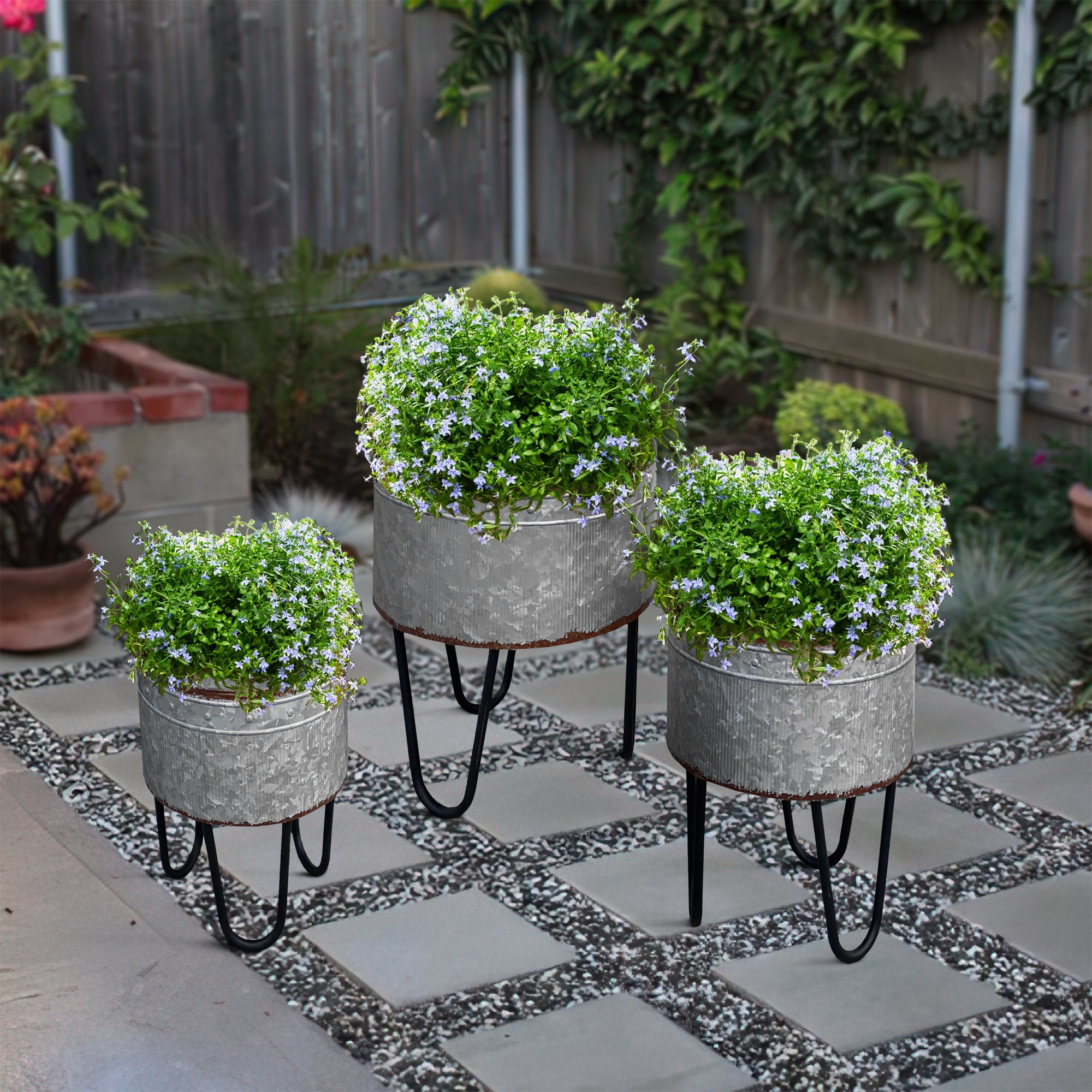 Galvanized Sheet Planter Tubs, Iron Powder Coated Hairpin Legs, Set of 3, Gray, Black