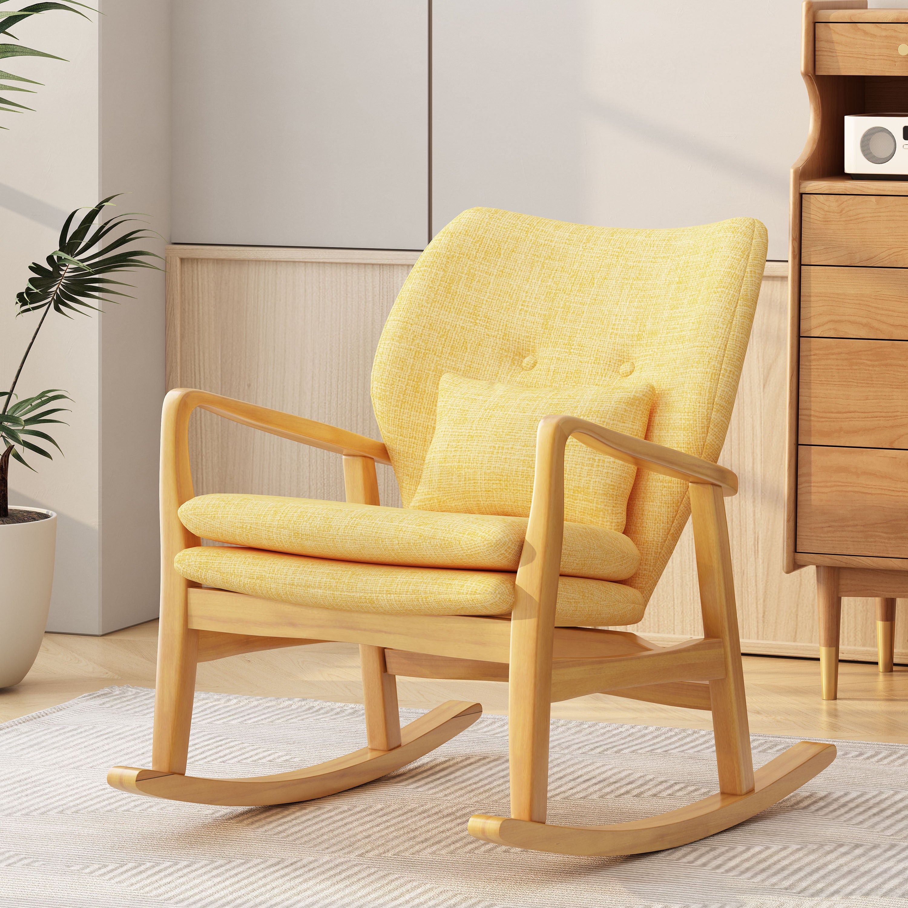 Tm Home Solid Wood Rocking Chair with Yellow Linen Cushion