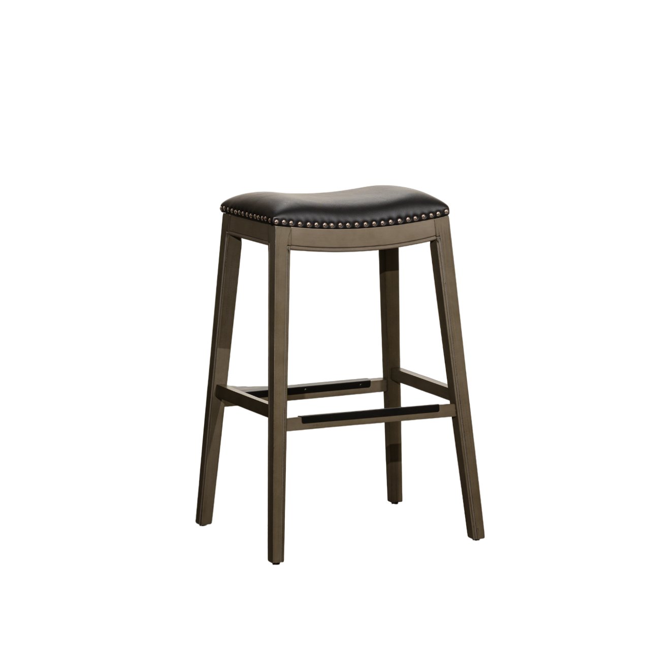 30 Saddle Stool, Weathered Gray Finish, Black Leather Seat