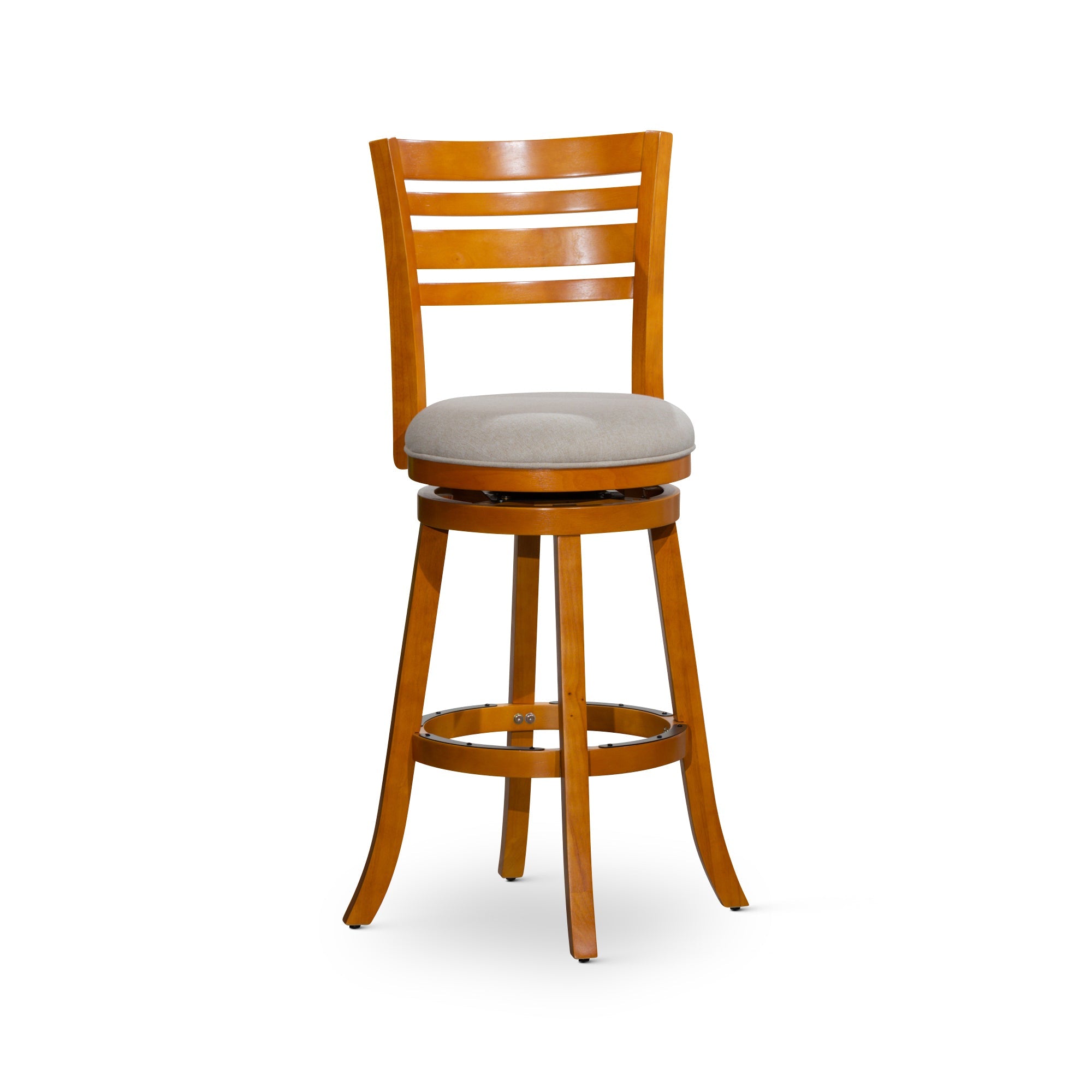 30 Slat Back Swivel Stool, Natural Finish, Beige Fabric Seat