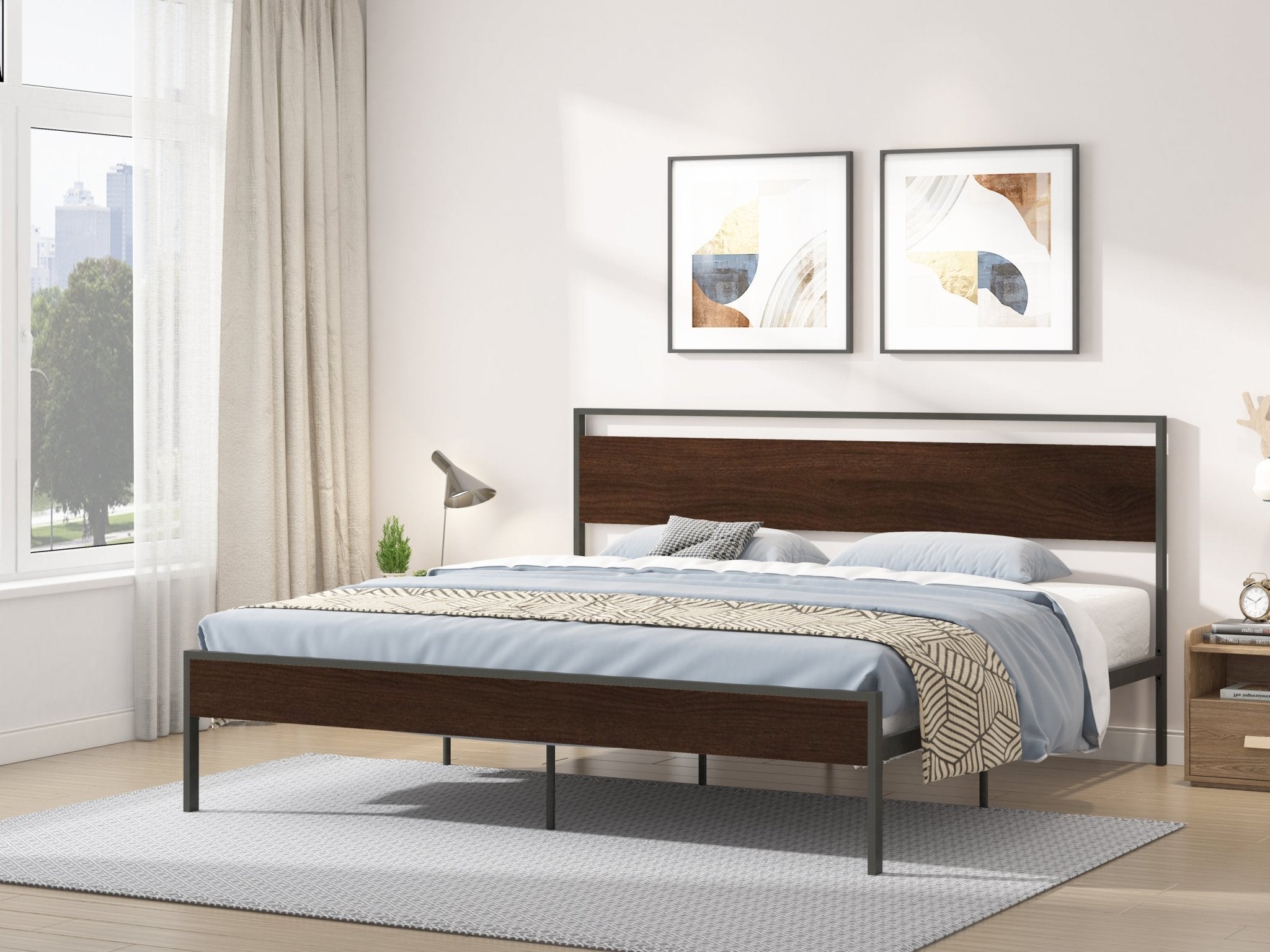 Ceres Metal King Bed, Black with Walnut wood Headboard