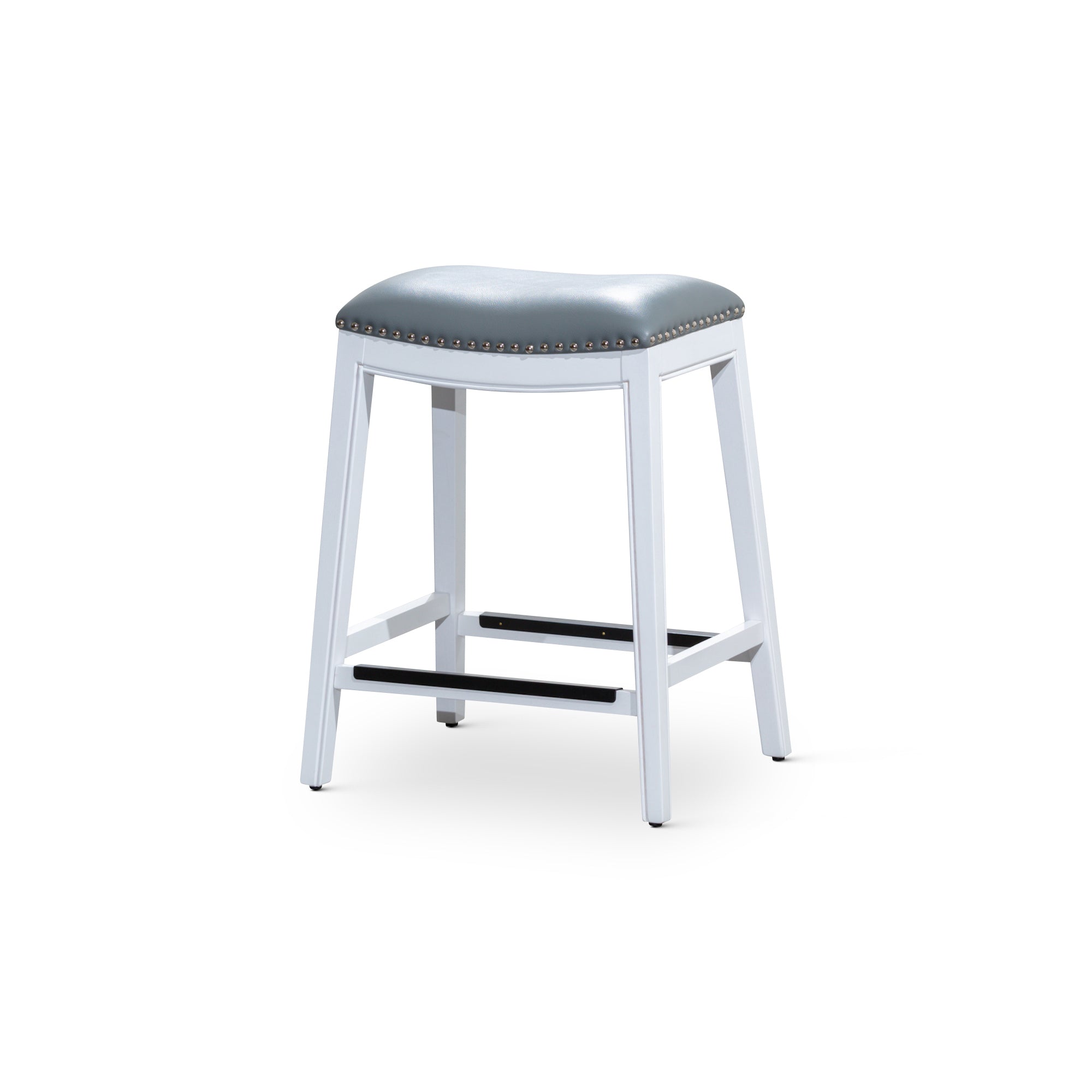 24 Counter Stool, White Finish, Gray Leather Seat