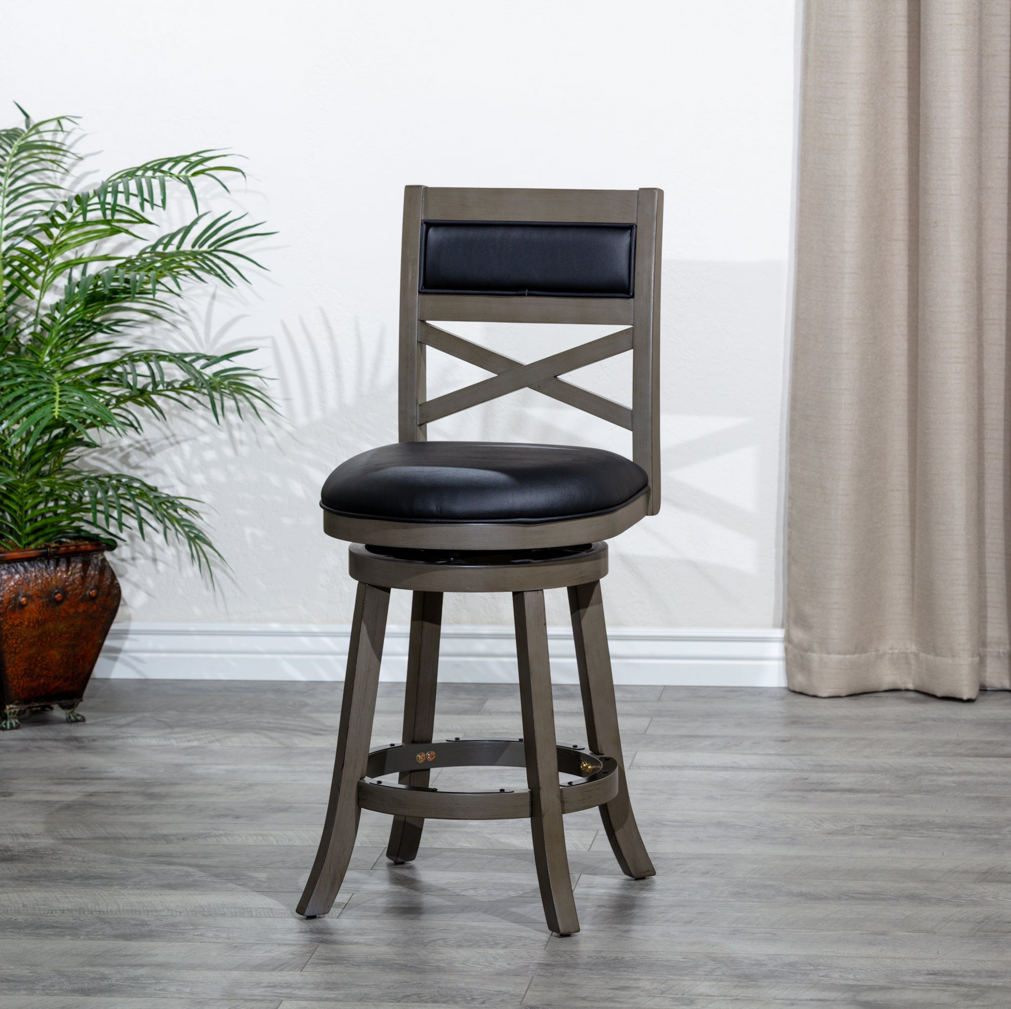 24 X-back Swivel Stool, Weathered Gray Finish, Black Leather Seat