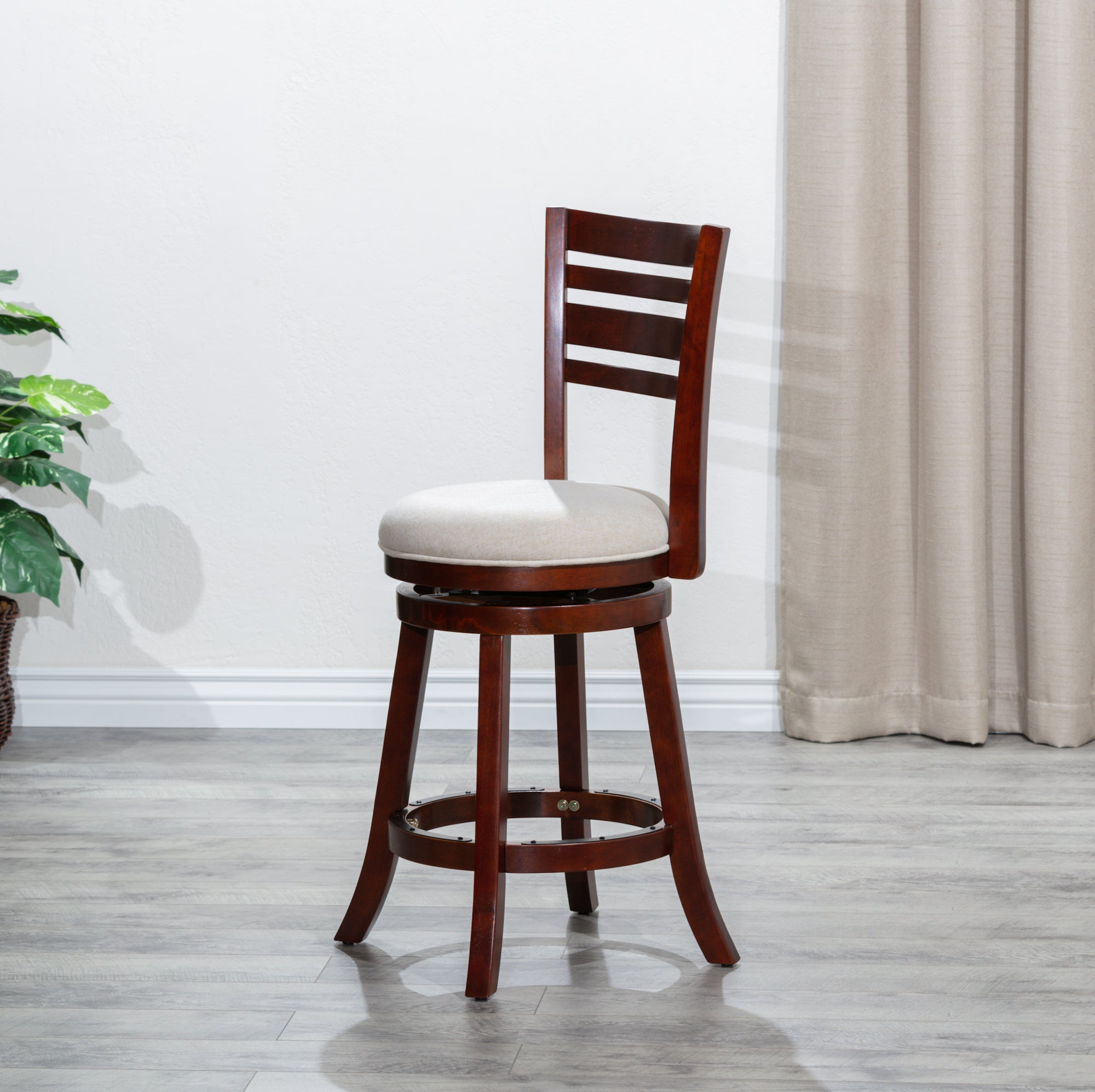 24 Slat Back Swivel Stool, Cherry Finish, Beige Fabric Seat