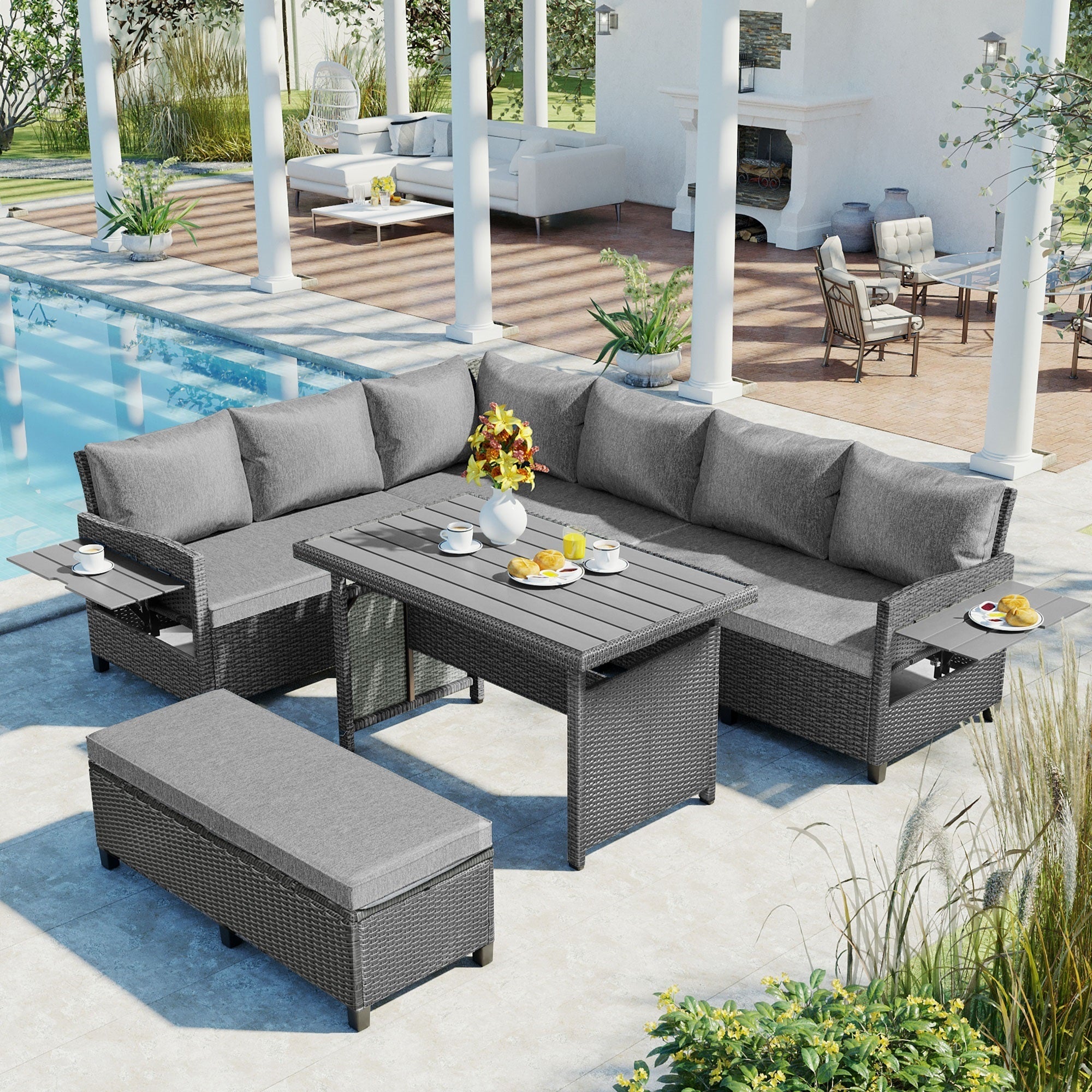 Patio Furniture Set 3 Piece Mixture Pattern PE Rattan Steel Frame And Modern Round Table, Brown and Black