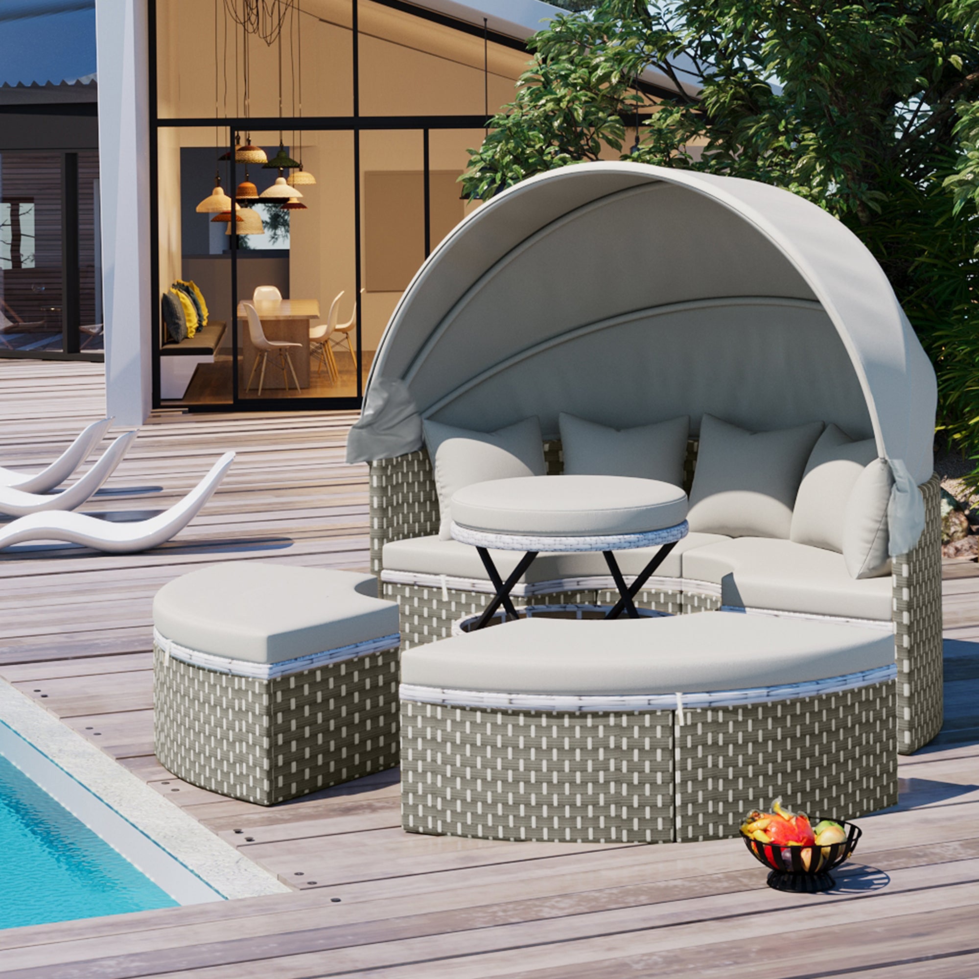 TOPMAX Patio Furniture Round Outdoor Sectional Sofa Set Rattan Daybed Two-Tone Weave Sunbed with Retractable Canopy, Separate Seating and Removable Cushion, Gray