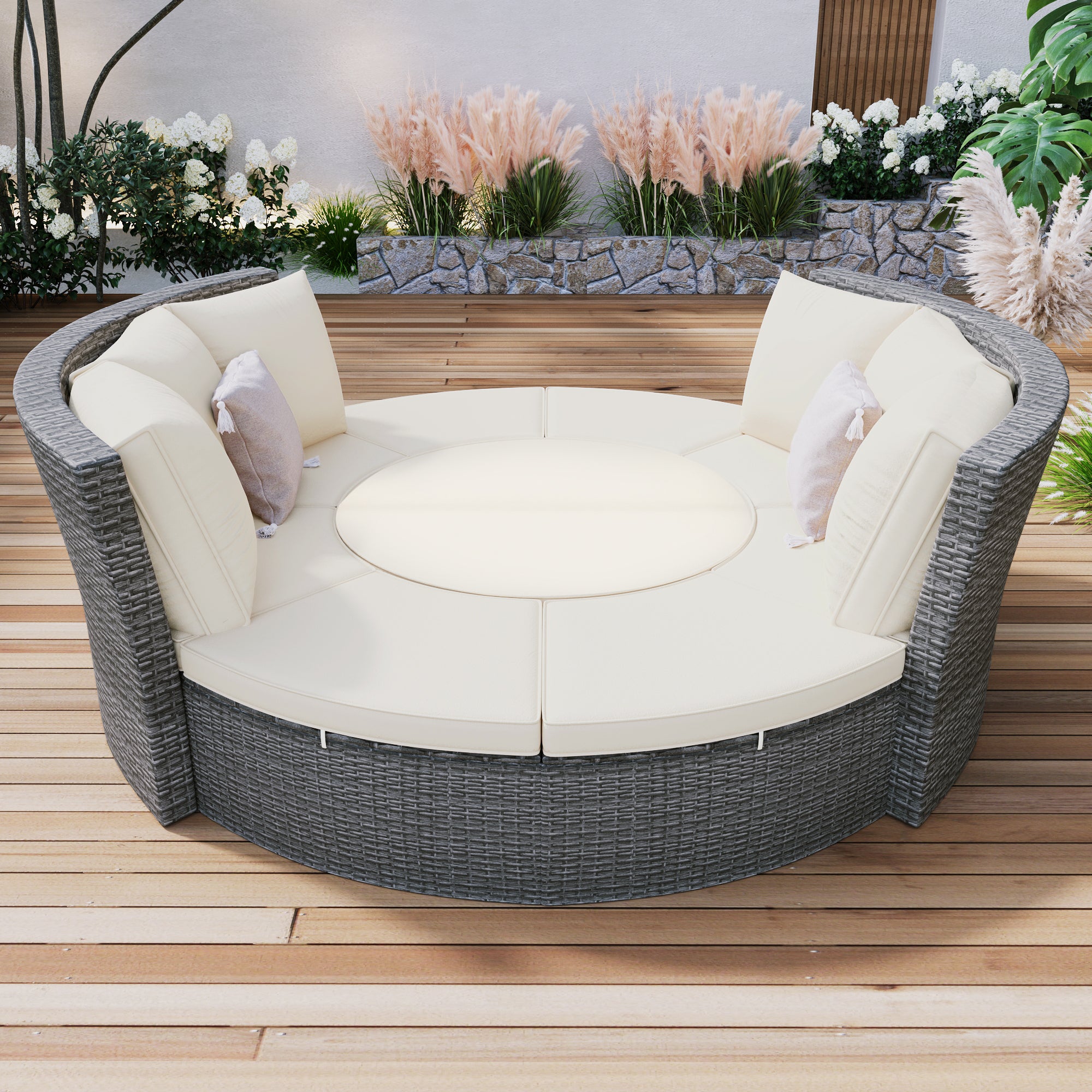 TOPMAX Patio 5-Piece Round Rattan Sectional Sofa Set All-Weather PE Wicker Sunbed Daybed with Round Liftable Table and Washable Cushions  Beige