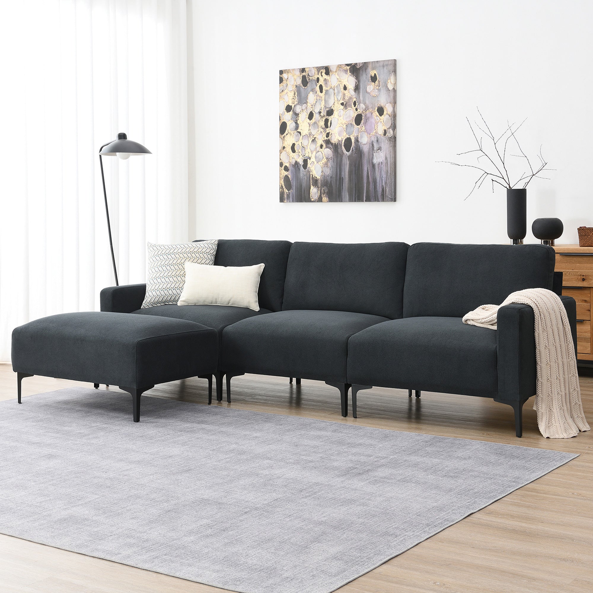 Modern L-shaped Sectional Sofa, 4-seat Velvet Fabric Couch Set with Convertible Ottoman 103 x 59