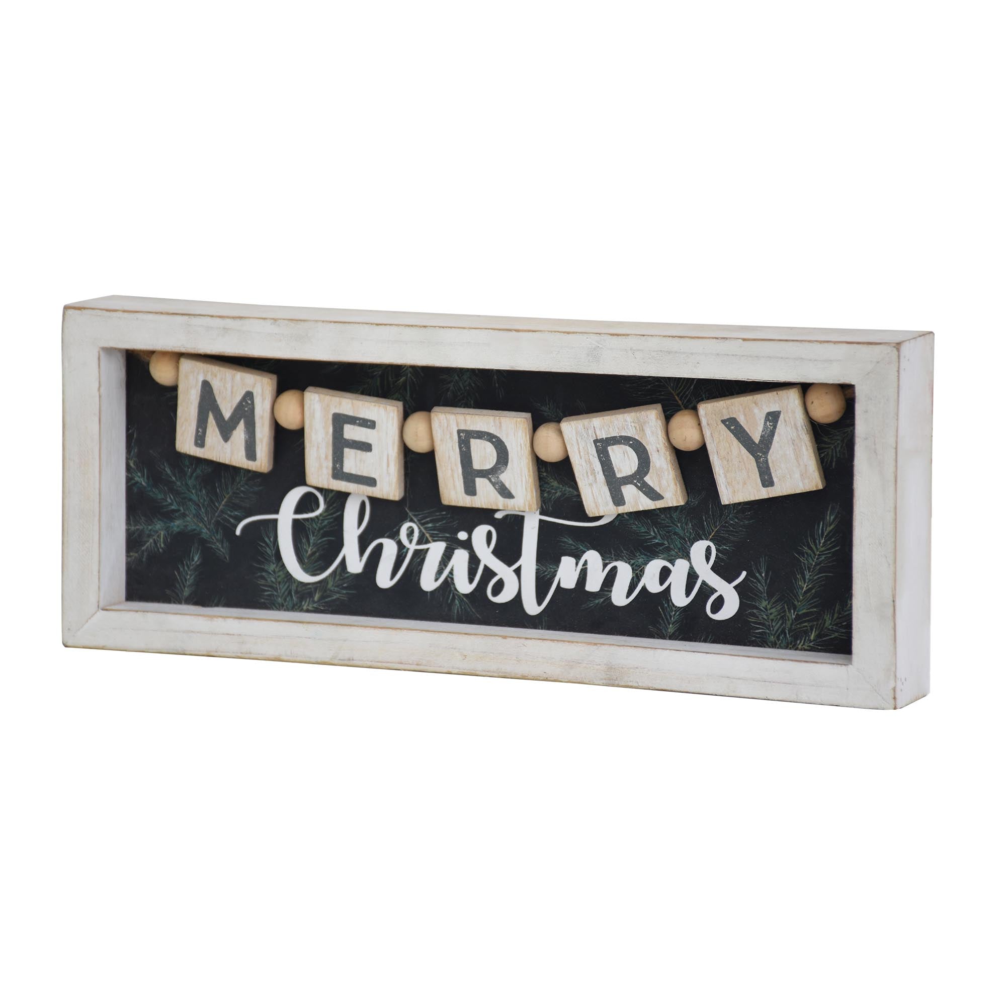 Merry Christmas Wood Tabletop Sign with Bead Garland