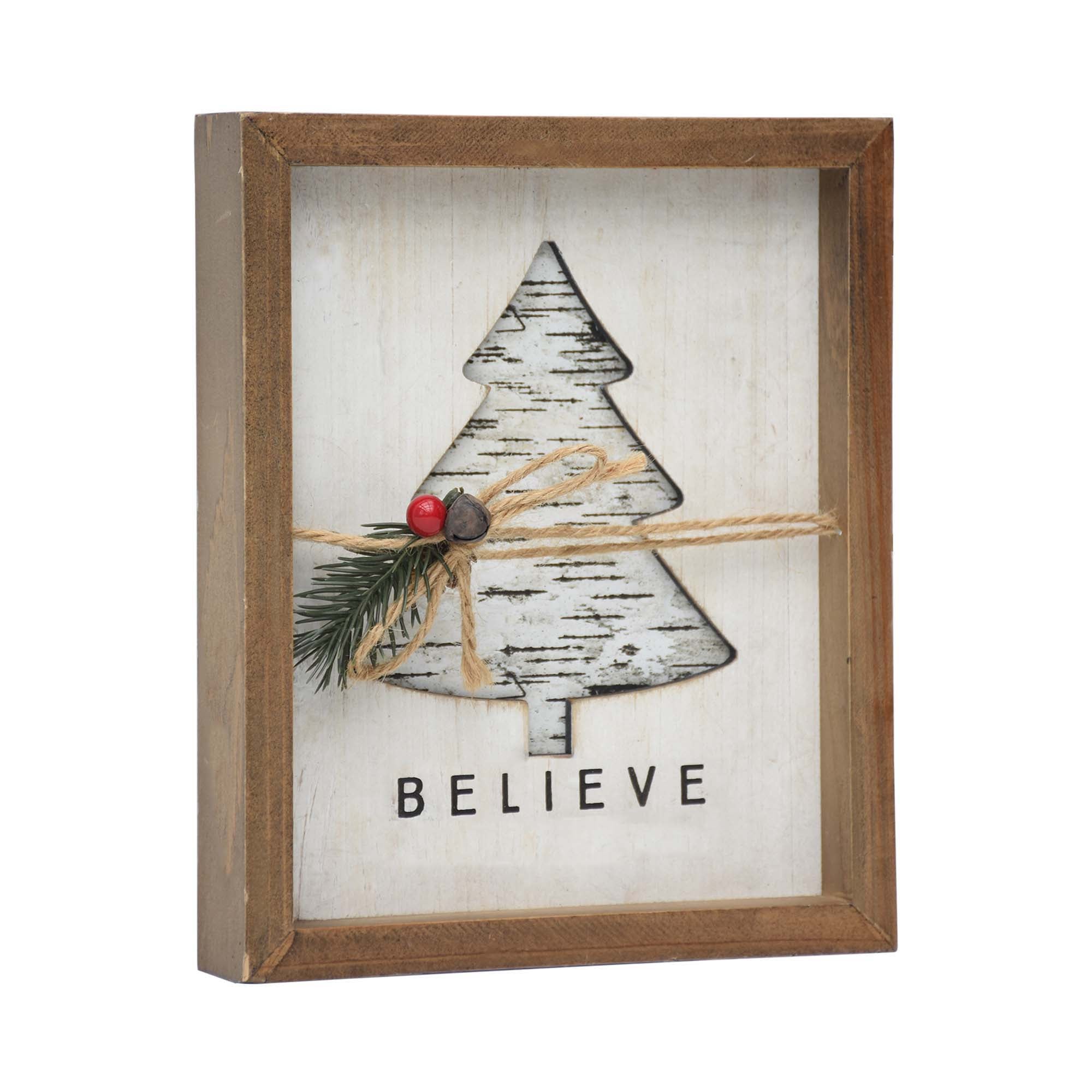 Wood Sign with Cutout Christmas Tree and Berries-Believe