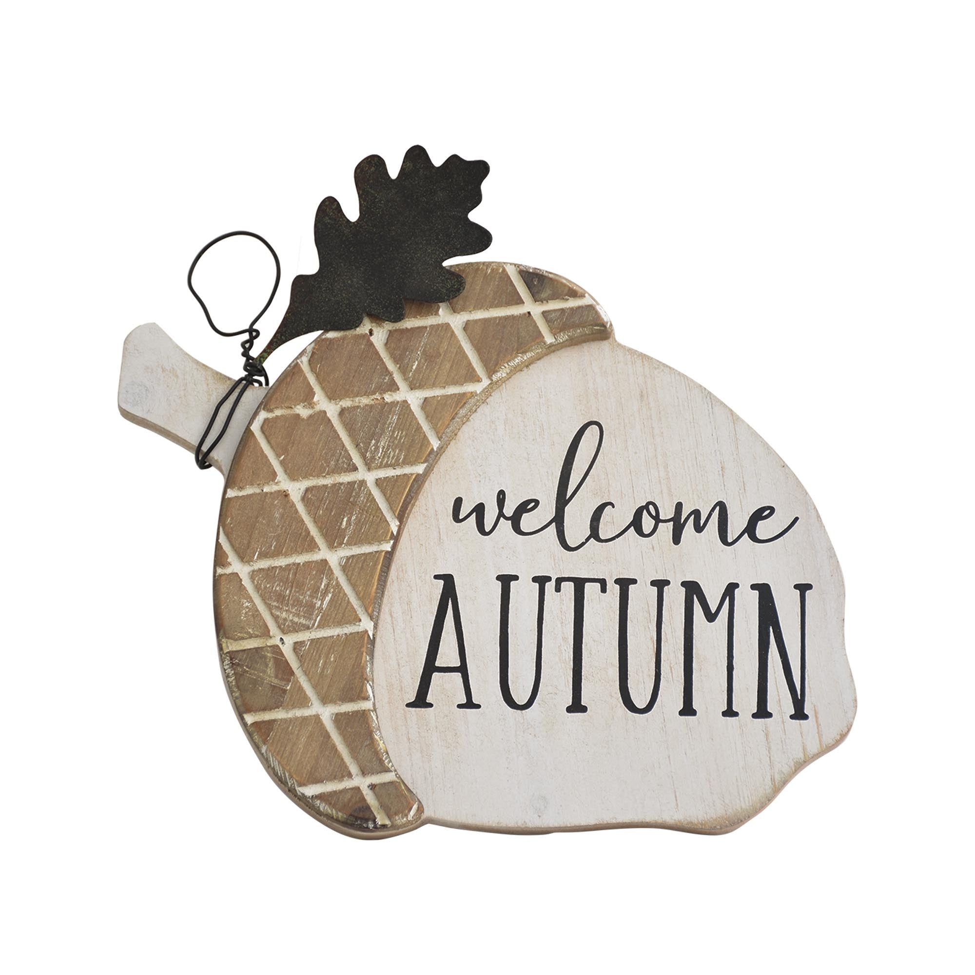 Wood Welcome Autumn Acorn Standing Sign with Metal Leaf