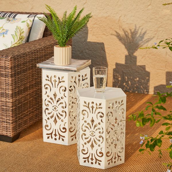 Set of 2 Cutout Floral Pattern Hexagonal Garden Stools