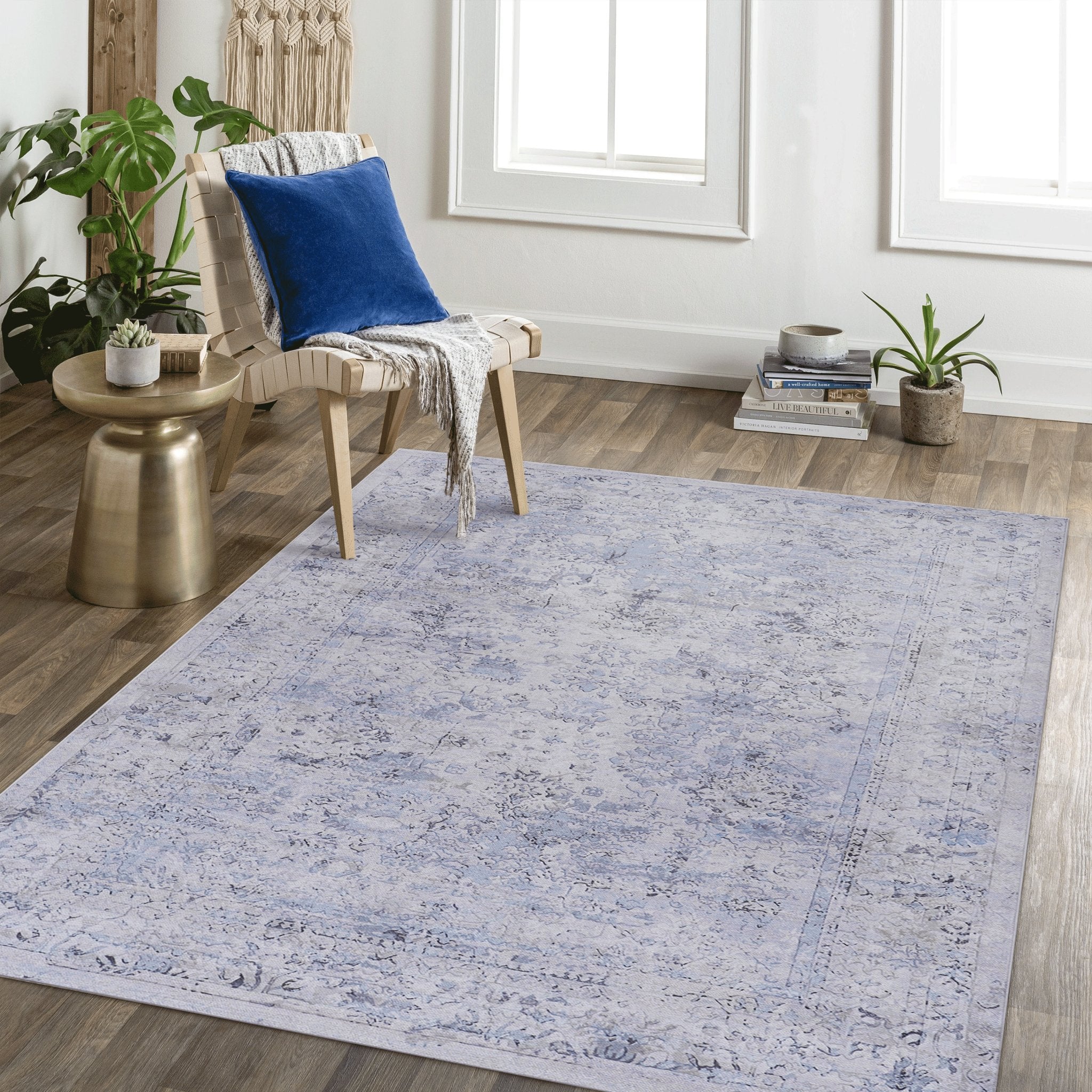 Area Rugs 9x12 Living Room, Machine Washable Area Rugs, Low-Pile, Non-Slip, Non-Shedding, Foldable, Blue/Cream