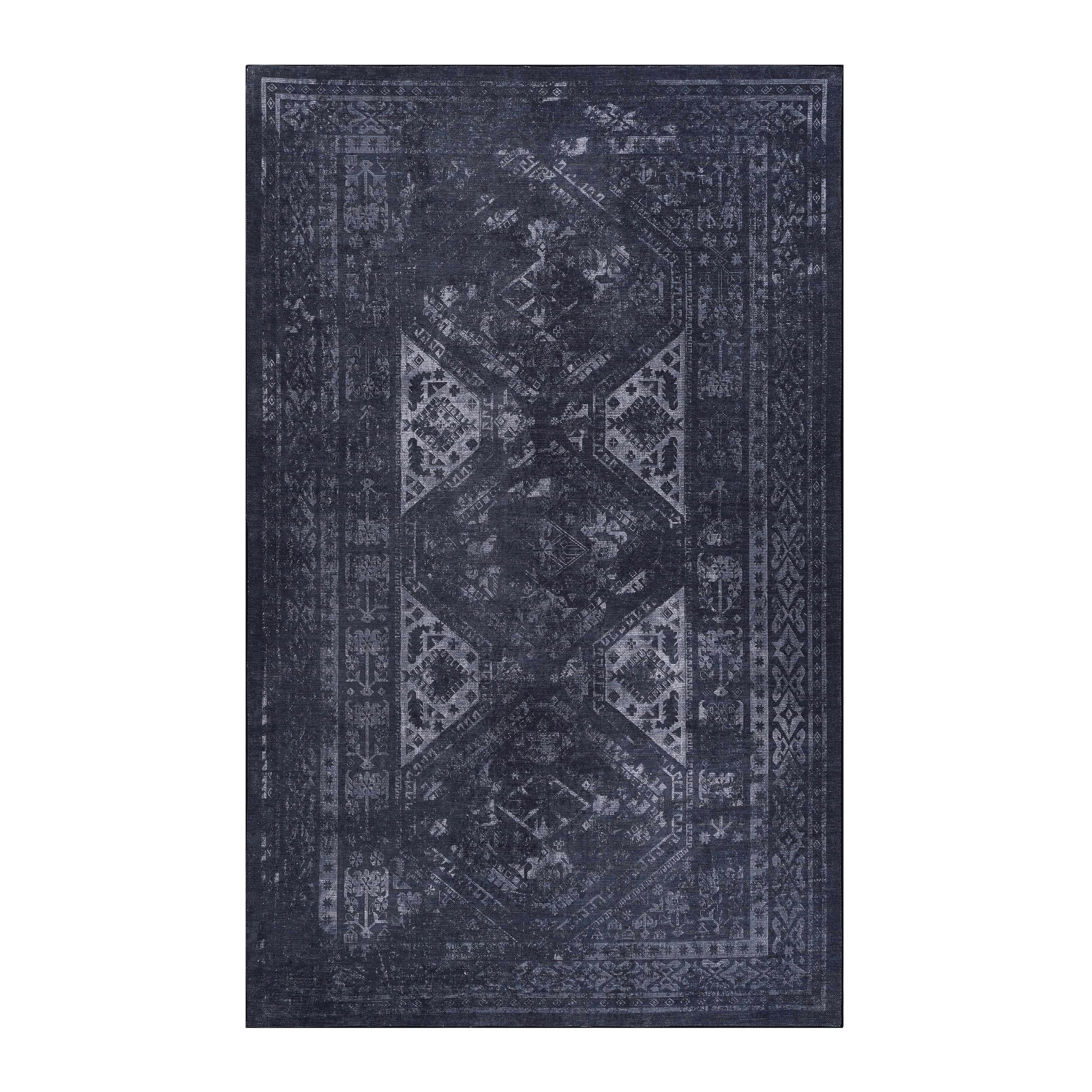 Naar 9x12 Area Rug, Washable Rug, Low-Pile, Non-Slip, Non-Shedding, Foldable, (Black+ Gray, 9' x 12')