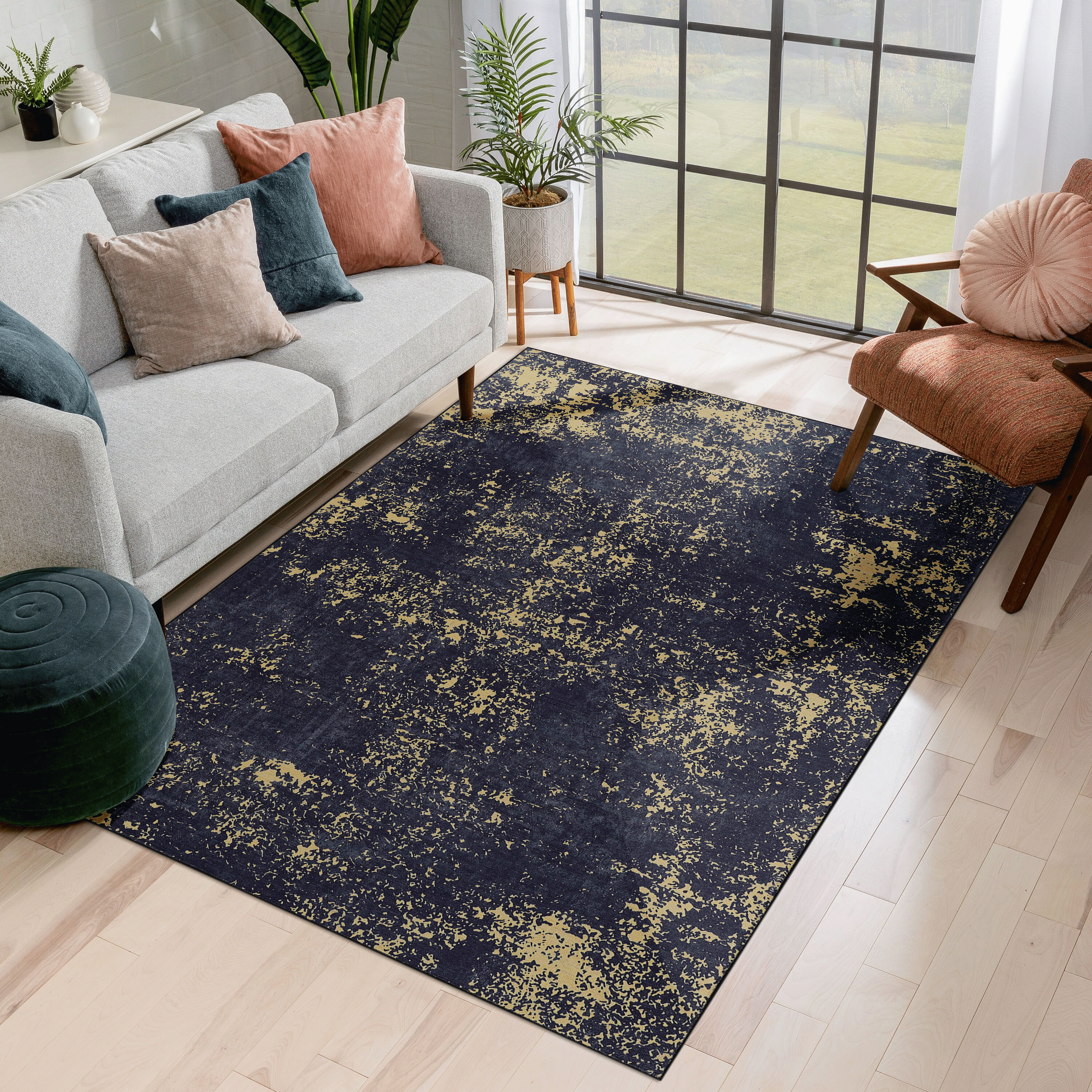 Naar 8x10 Area Rugs for Dining Room, Washable Rug, Low-Pile, Non-Slip, Non-Shedding, Foldable,  (Black+Gold, 8' x 10')