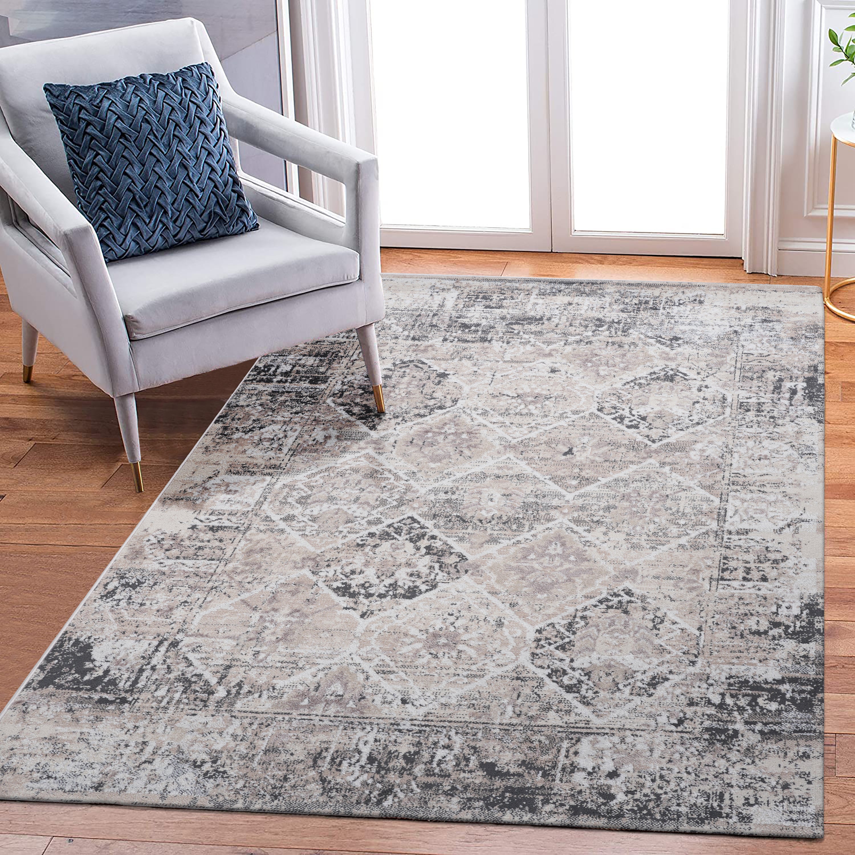 NAAR PAYAS Collection 8X10 Cream/Anthracite /Traditional Non-Shedding and Stain Resistant Area Rug