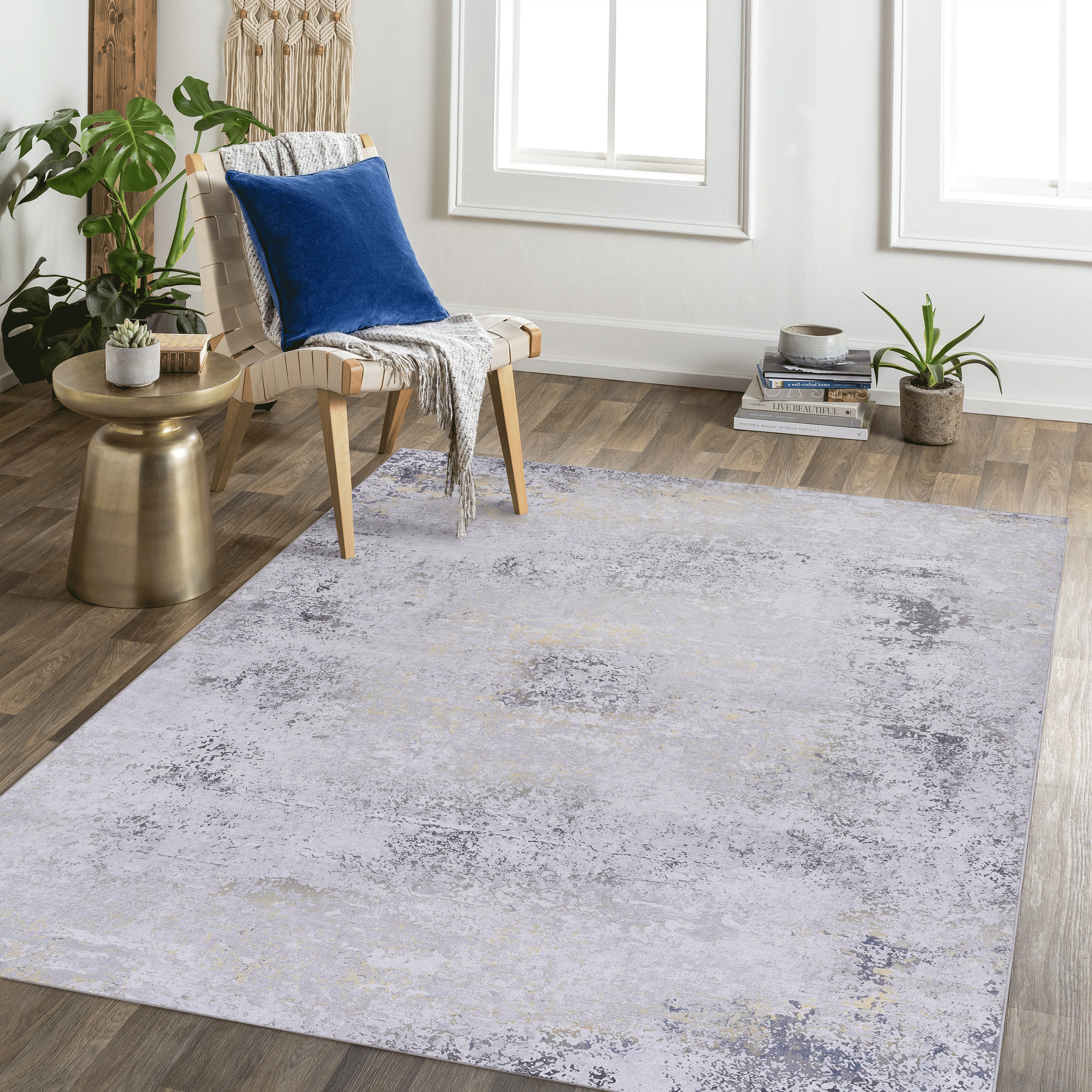 Naar 6x9 Area Rugs, Washable Rug, Low-Pile, Non-Slip, Non-Shedding, Foldable, (Gray/Gold, 6' x 9')