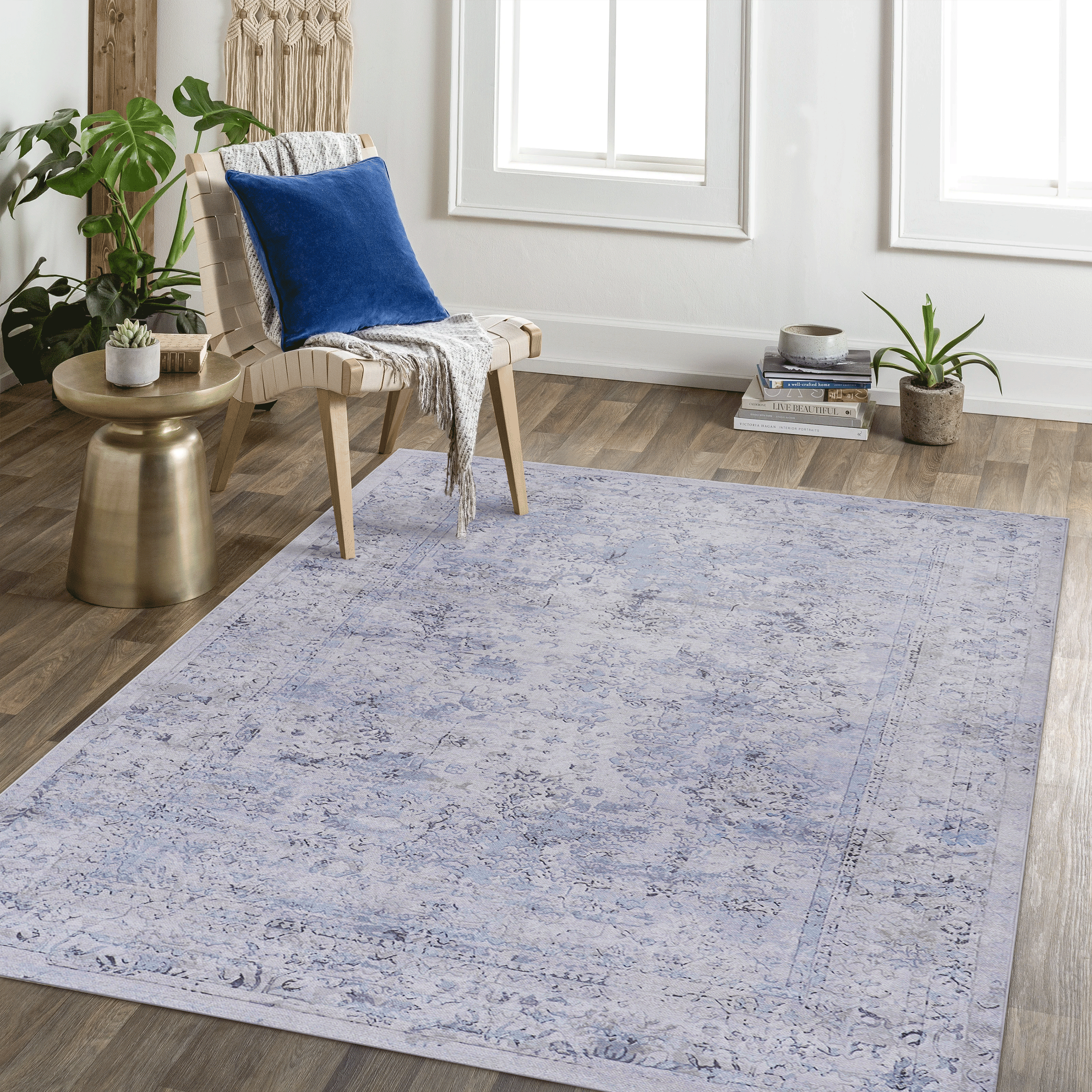 Naar 5x8 Area Rugs for Dining Room Rug, Washable Rug, Low-Pile, Non-Slip, Non-Shedding, Foldable,  (Blue+ Cream, 5' x 8')