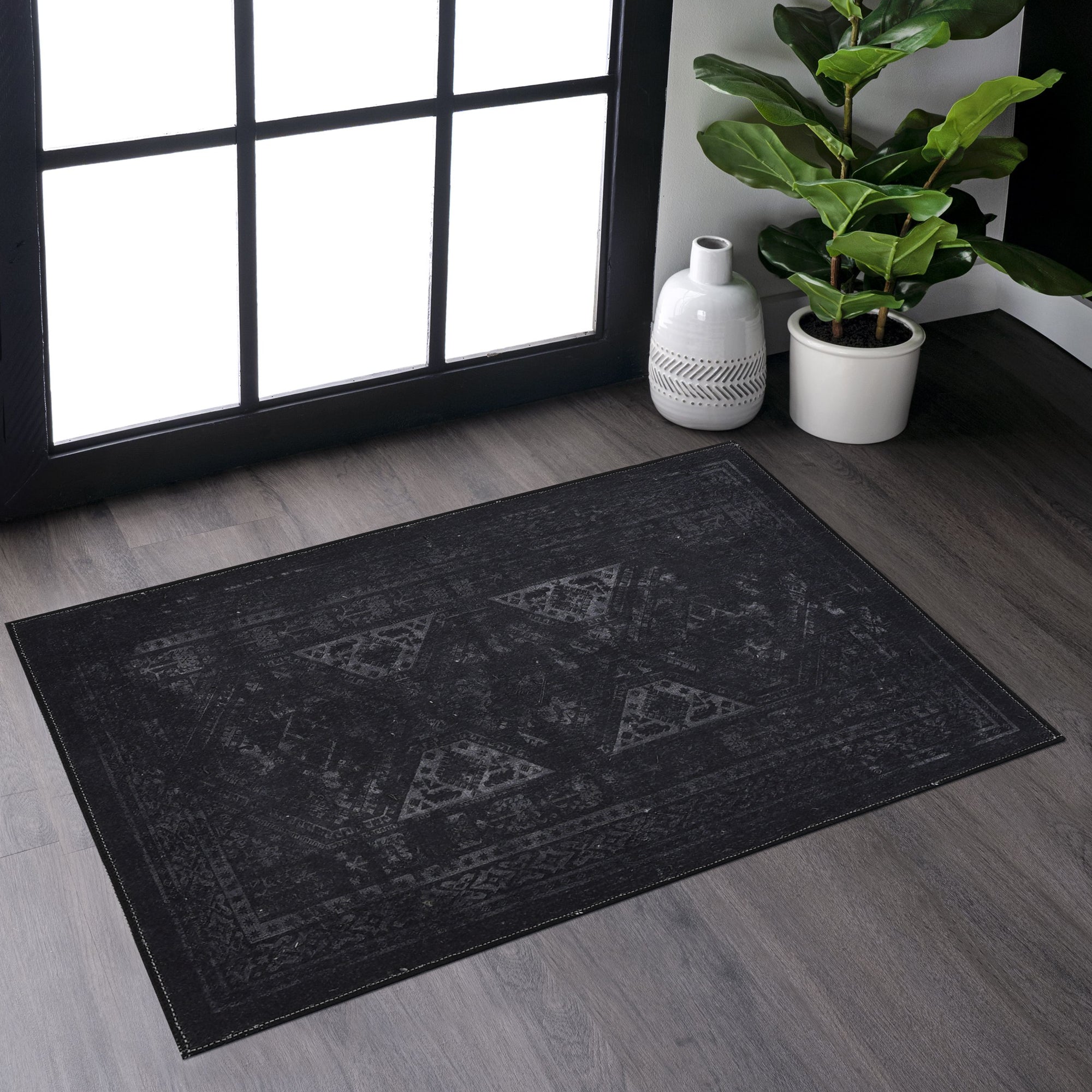 Naar 2x3, Machine Washable Area Rugs, Low-Pile, Non-Slip, Non-Shedding, Foldable,  (Black+ Gray, 2'x3')