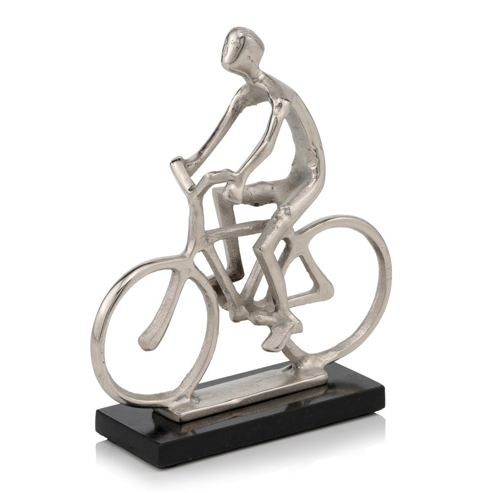 Silver and Black Marble Aluminum Man on Bike Sculpture