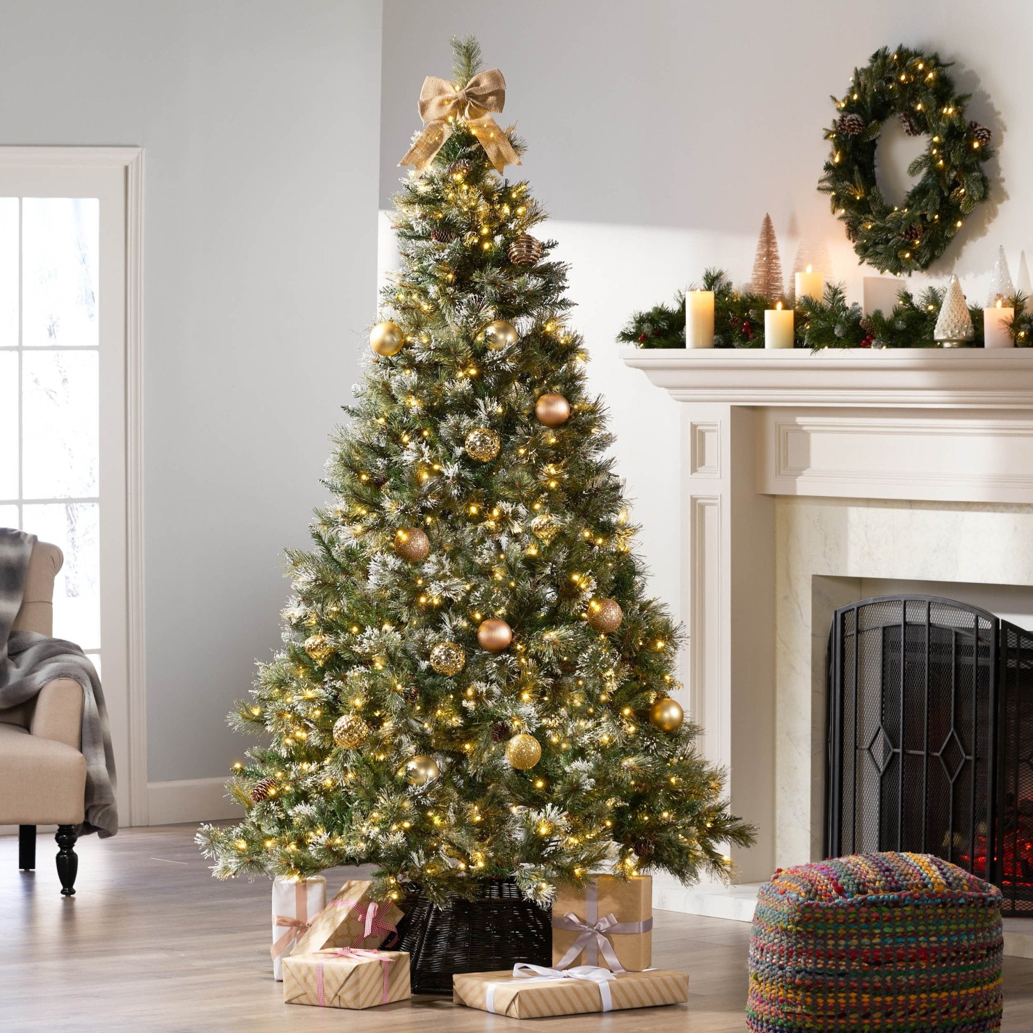 7.5' Bristle Mixed  Hinged Tree with Snow and Glitter and 86 Frosted Pine Cones