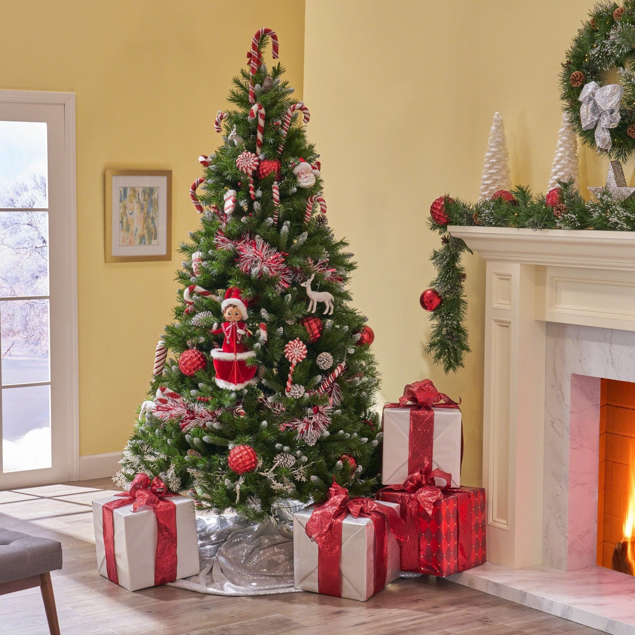 7' Mixed Frosted Hinged Tree with 52 Frosted Pine Cones and 26 Red Berry