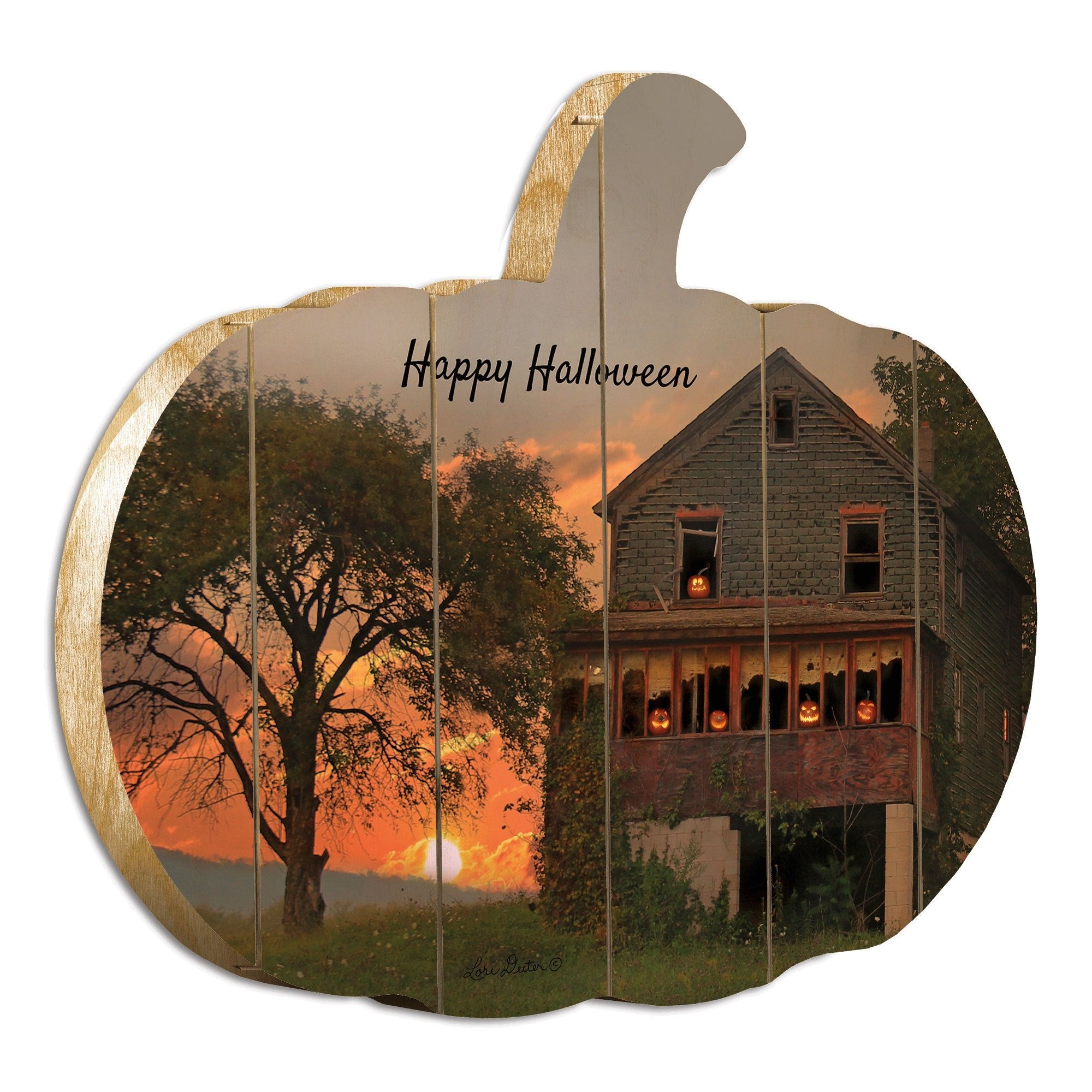 Happy Halloween"" By Artisan Lori Deiter Printed on Wooden Pumpkin Wall Art