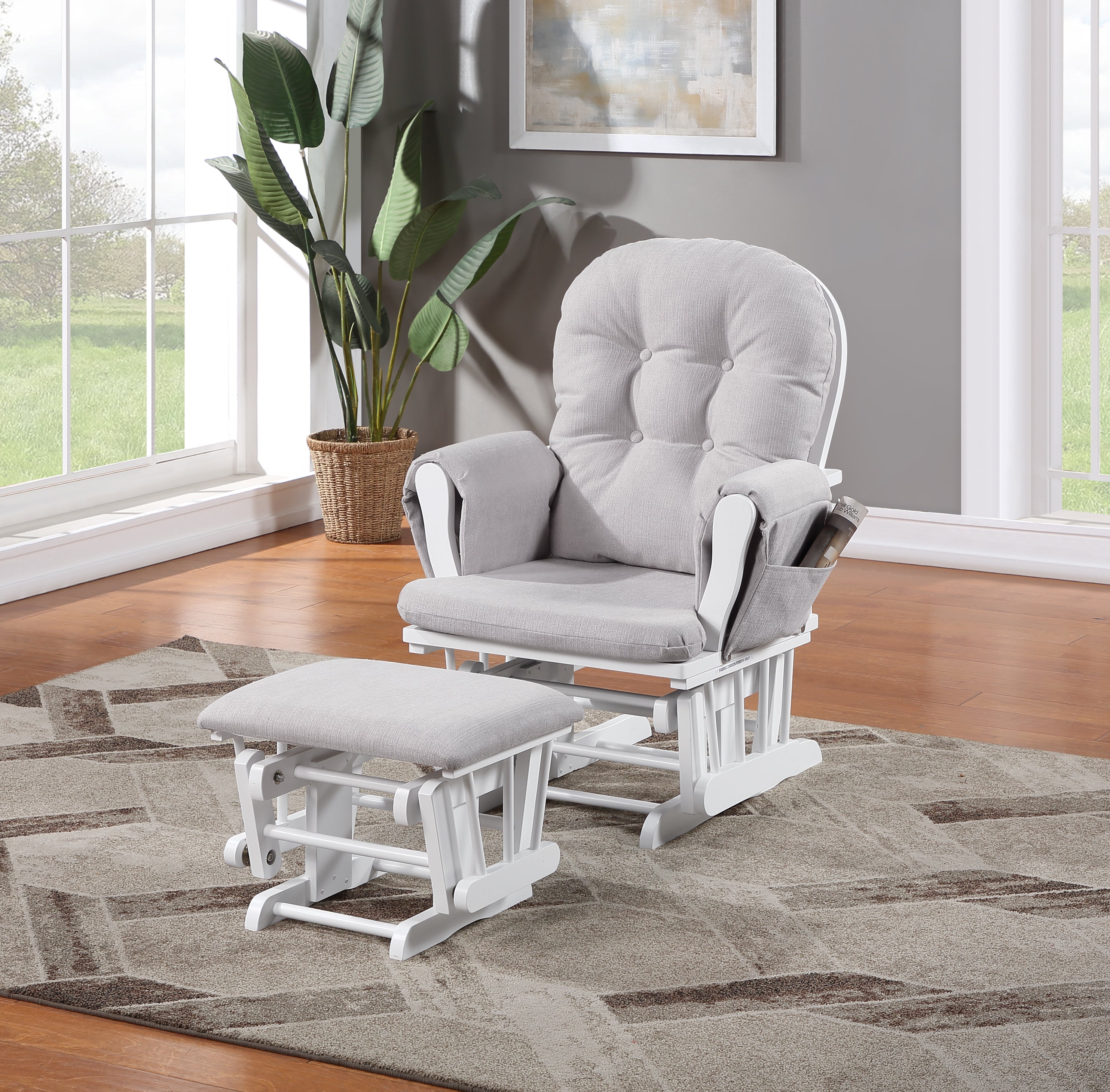 Mason Glider and Ottoman White Wood and Woven Gray Fabric