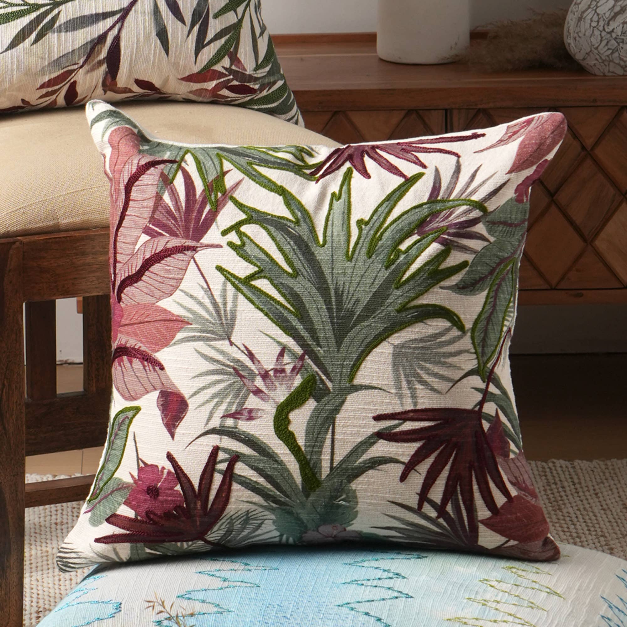 Leafscape Printed & Embroidered Pillow 18""X18""