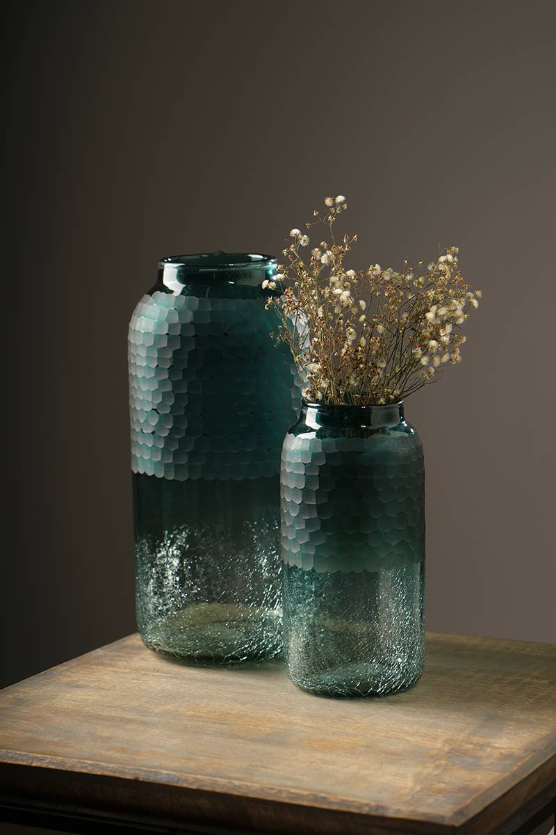 Blue Etched Half Crackle Glass Vase Small