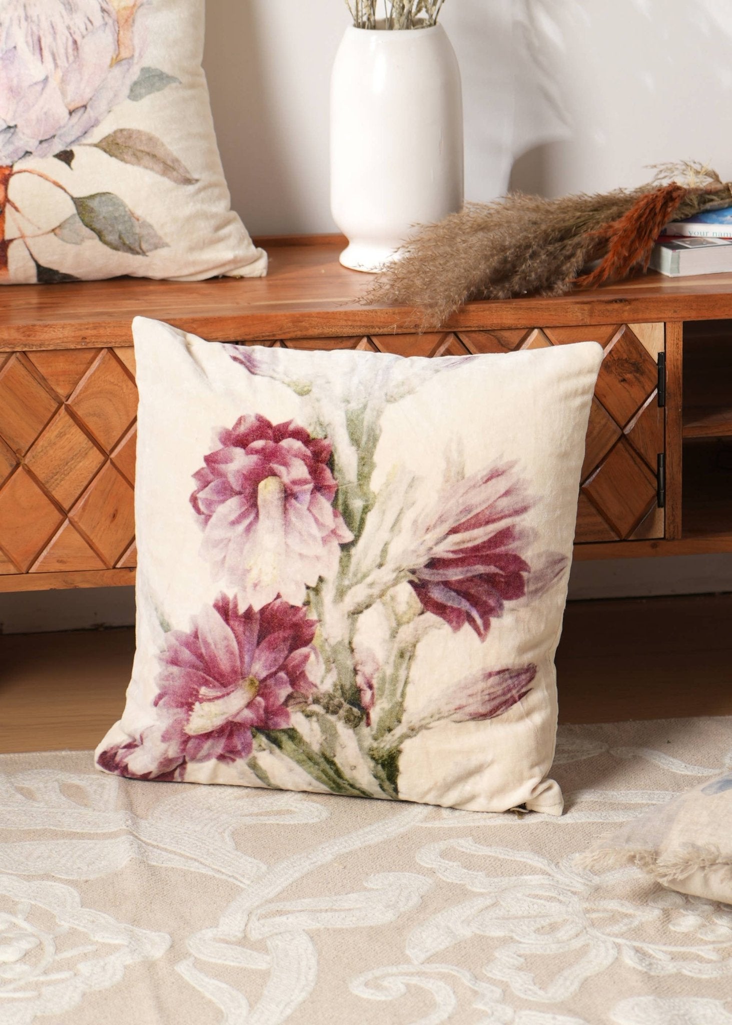 Cotton Velvet Flower Printed Cushion 18""X18""