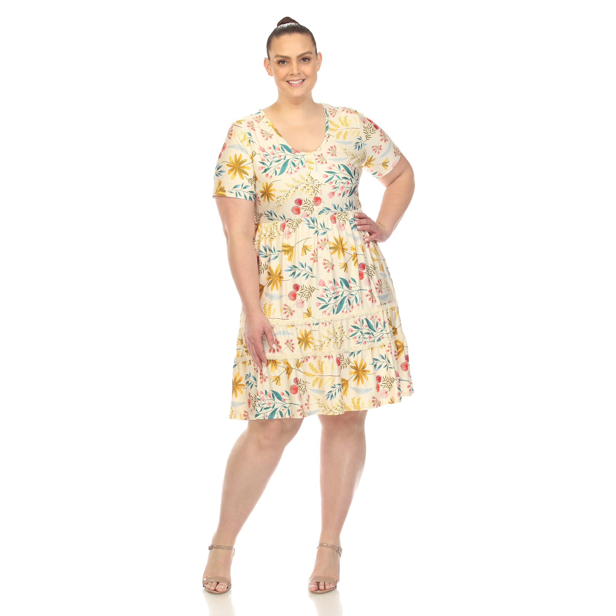 Floral Short Sleeve Knee Length Dress - Plus (4 Colors Available)