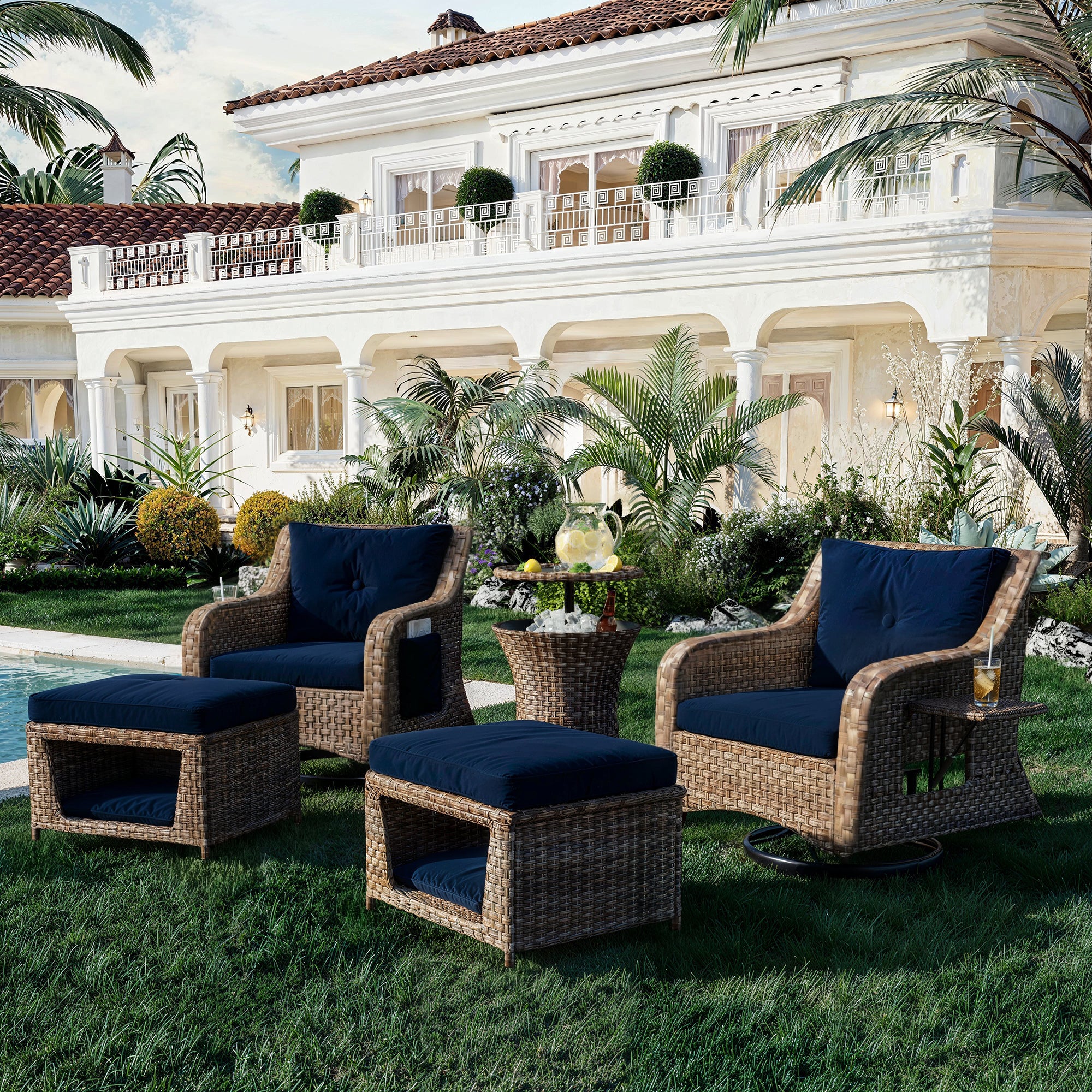 K&K 5 Pieces Outdoor Patio Furniture Set with Pet House Cool Bar and Retractable Side Tray, Rattan Wicker Patio Swivel Rocking Chairs Set of 2 with Ottomans , Navy Blue