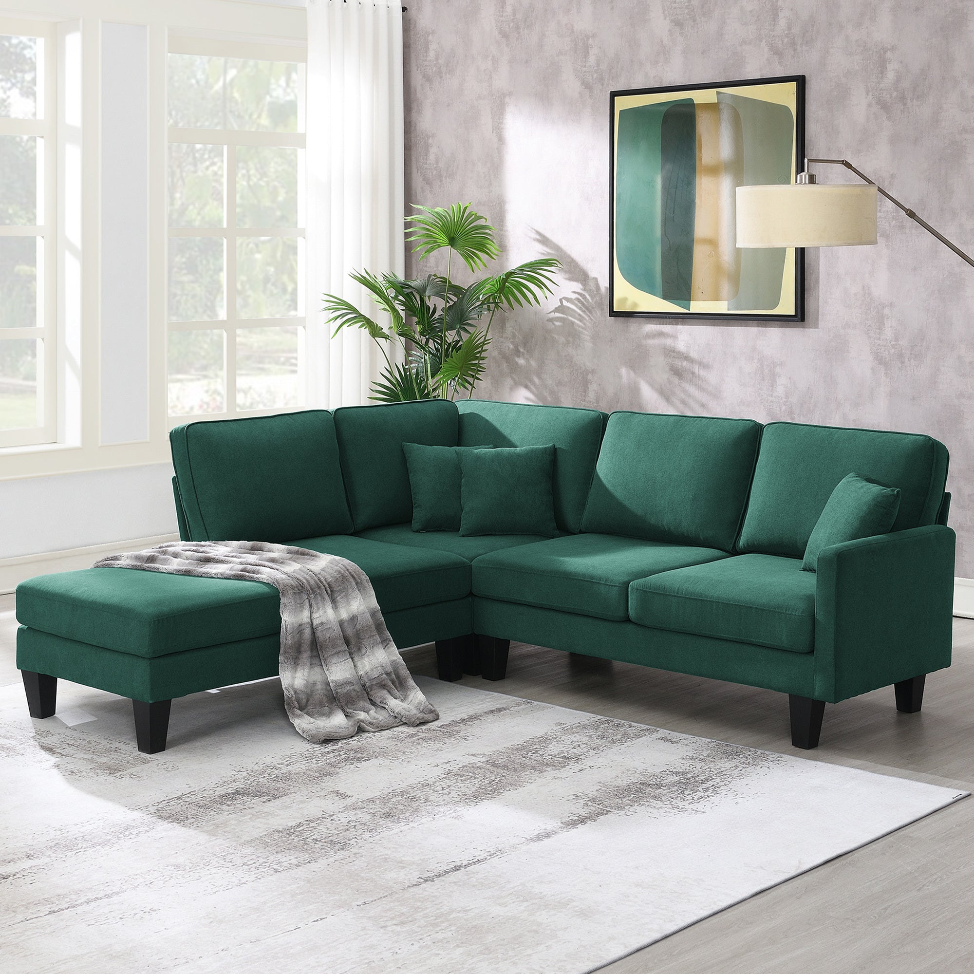 Terrycloth Modern Sectional Sofa,5-Seat Practical Couch Set with Chaise Lounge, L-Shape minimalist Indoor Furniture with 3 Pillows