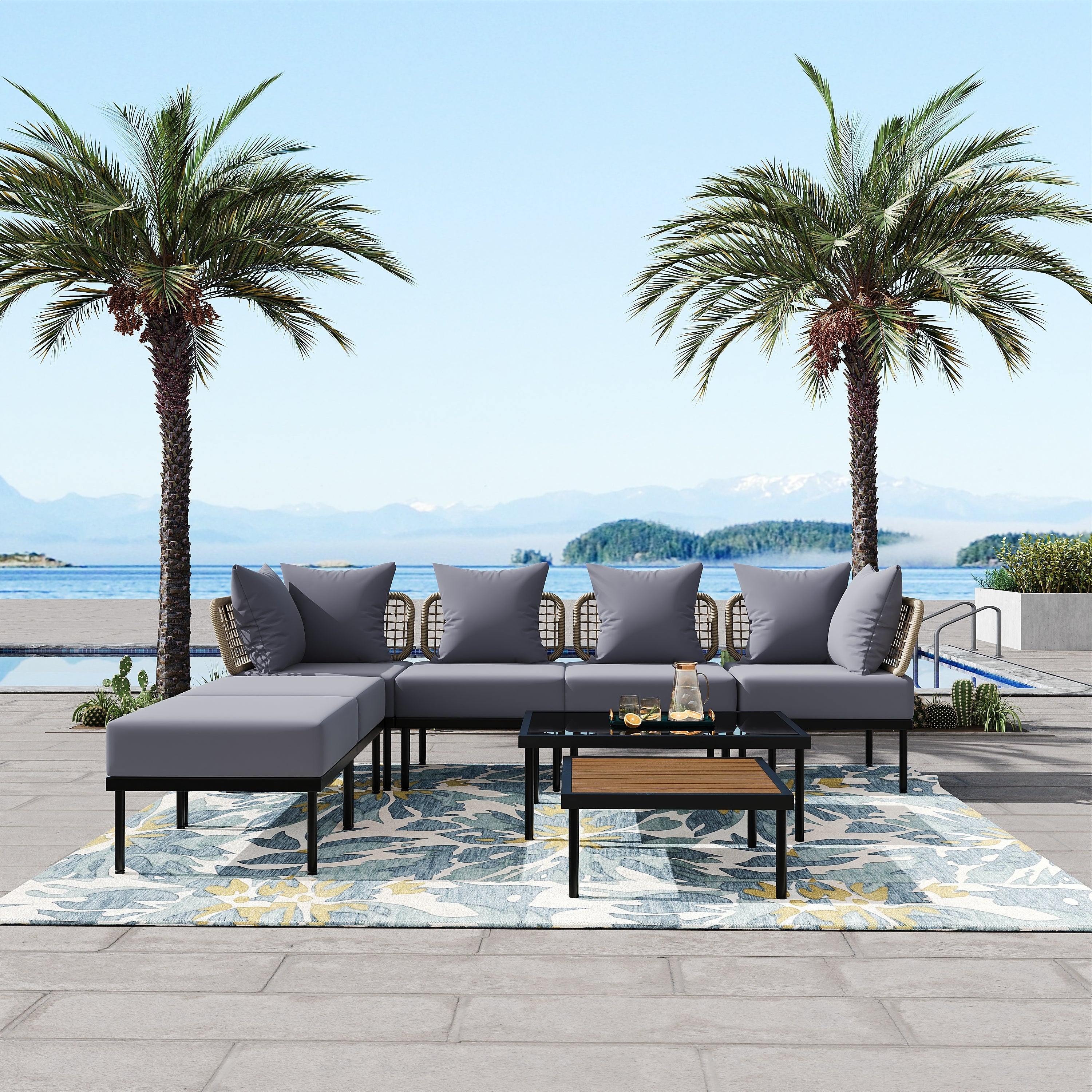 TREXM 8-Piece Patio Sectional Sofa Set with Tempered Glass Coffee Table and Wooden Coffee Table for Outdoor Oasis, Garden, Patio and Poolside (Light Grey Cushion + Black Steel)