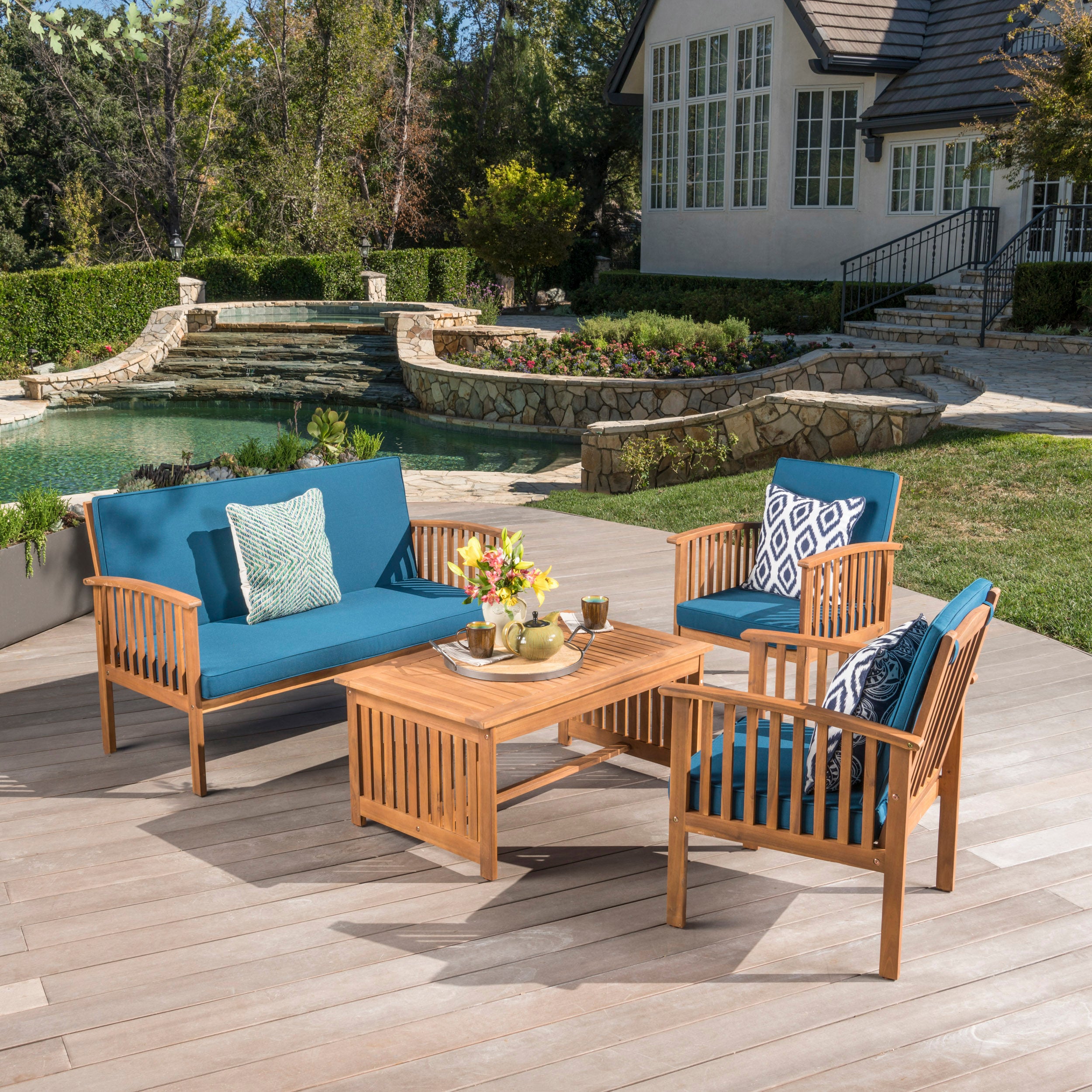 Outdoor Acacia Wood Sofa Set with Water Resistant Cushions, 4-Pcs Set, Brown Patina / Teal Blue by Christopher Knight Home