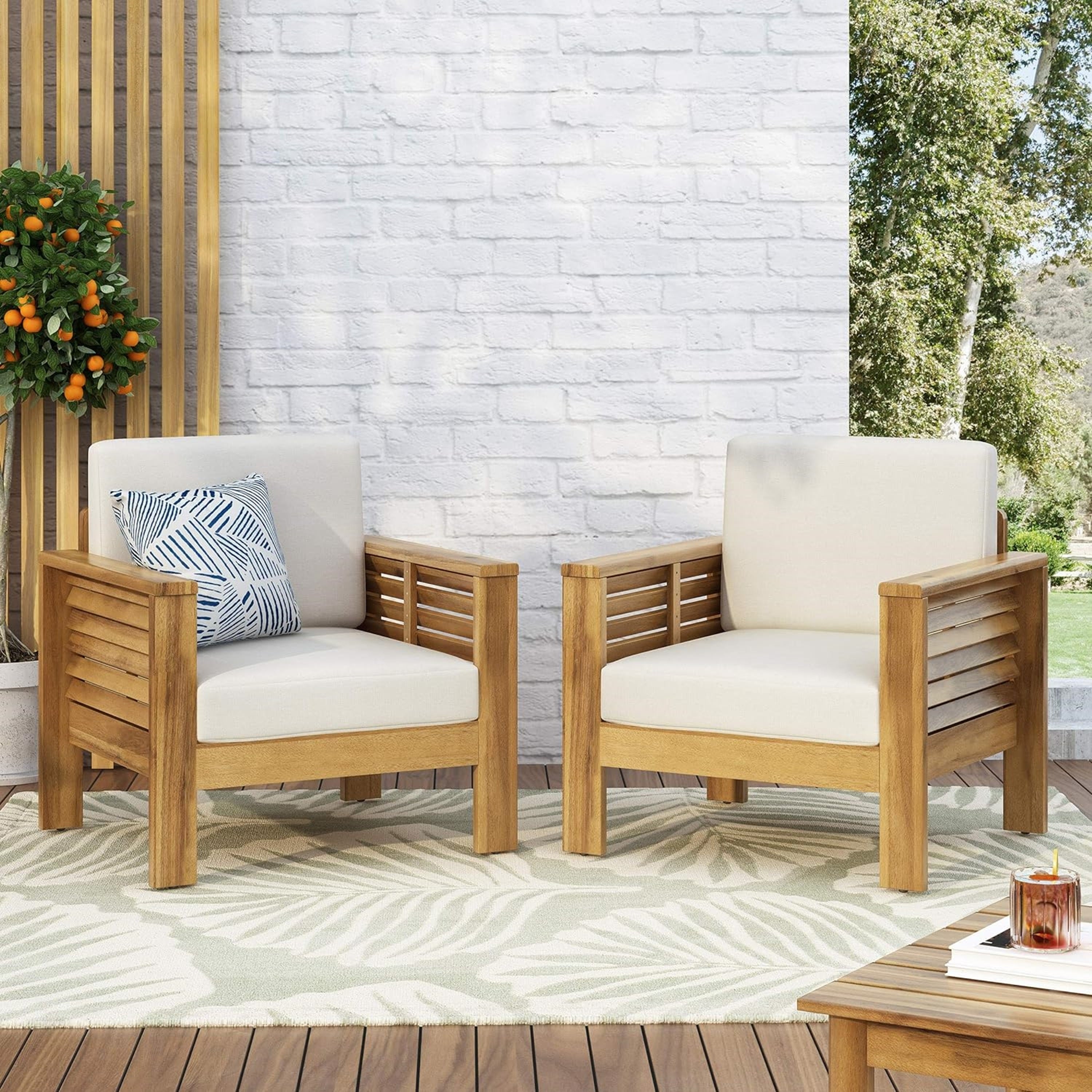 Outdoor Acacia Wood Club Chairs with Cushions, Teak+Beige, (Set of 2) by Christopher Knight Home