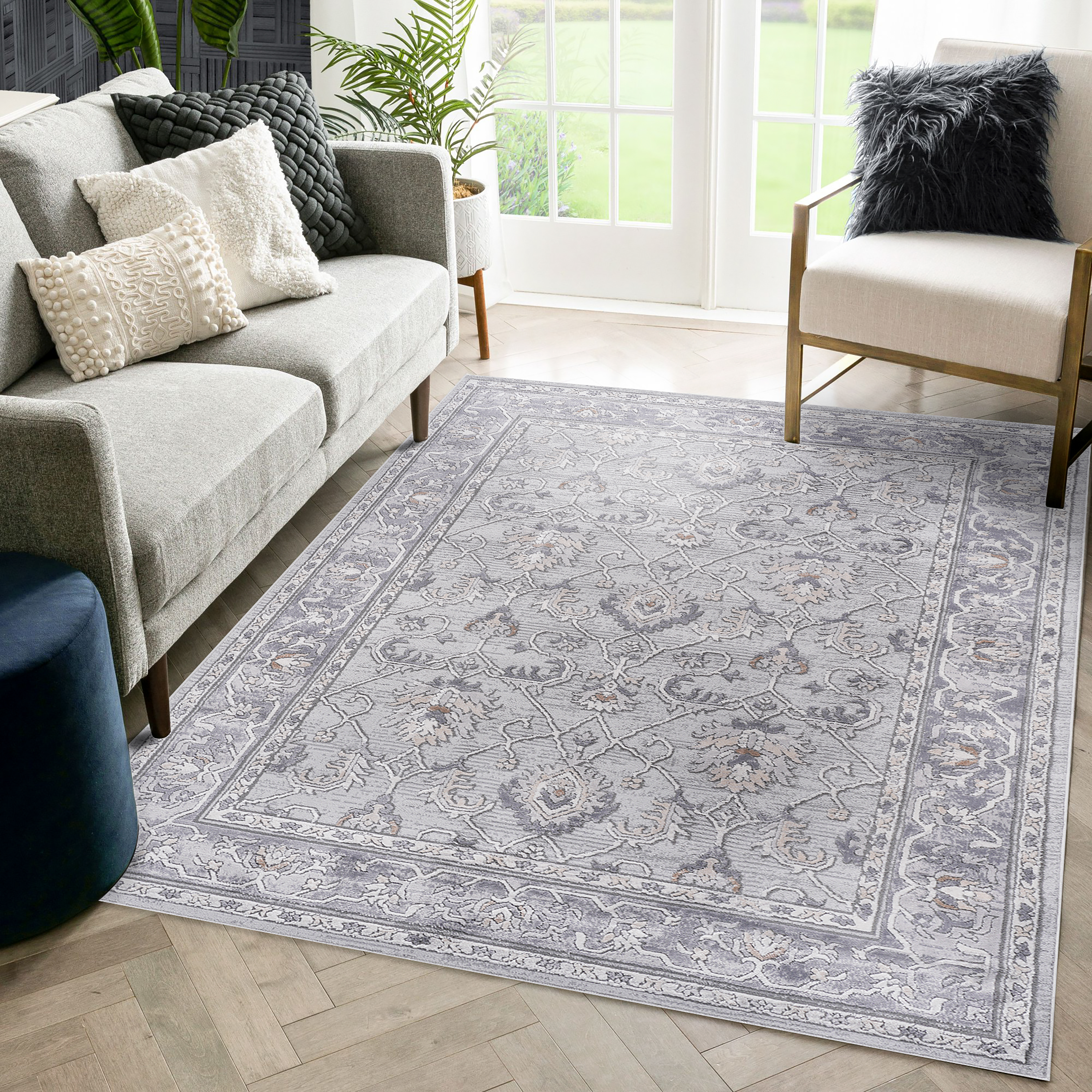 NAAR MARFI Collection 8X10 Ivory/Grey/Oriental Non-Shedding and Stain Resistant Area Rug